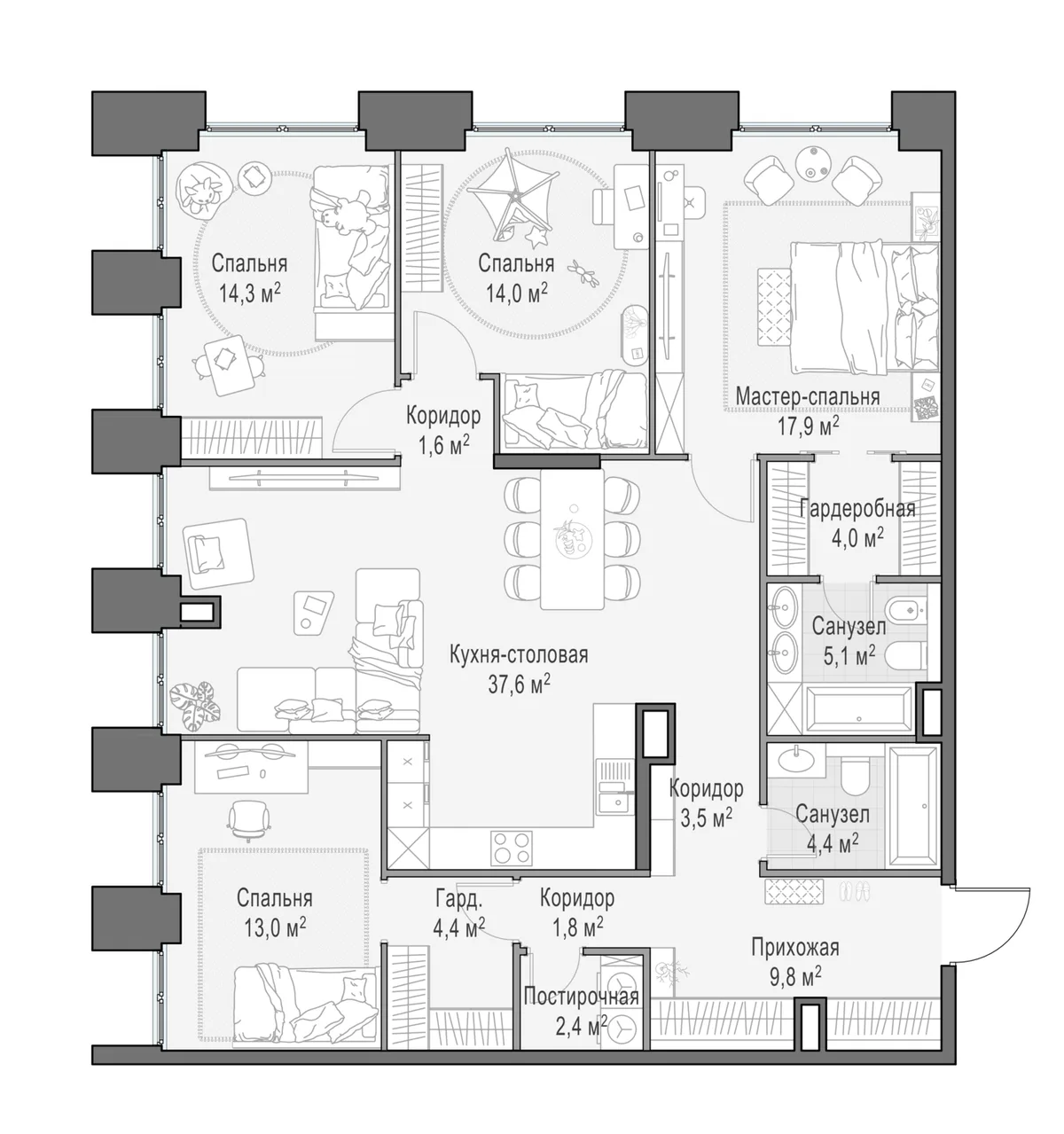 4-комнатная квартира 135,4 м² в ЖК «Life Time» — планировки 2