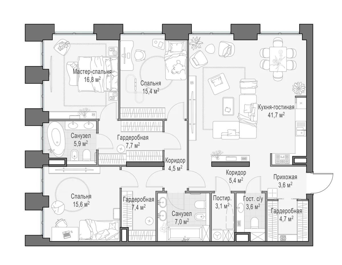 4-комнатная квартира 143,6 м² в ЖК «Life Time» — планировки 3