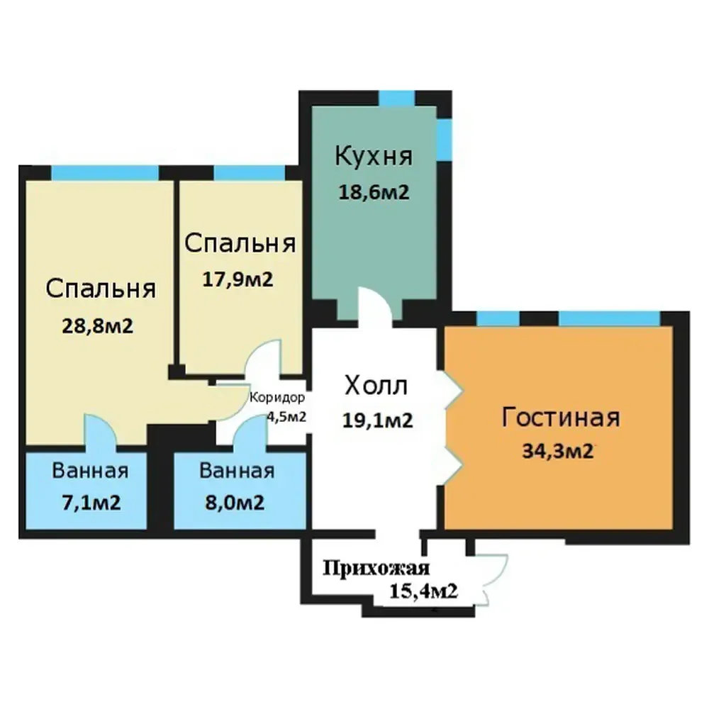 Планировка 3-комнатной квартиры 153,7 м² в ЖК «Вавилово»