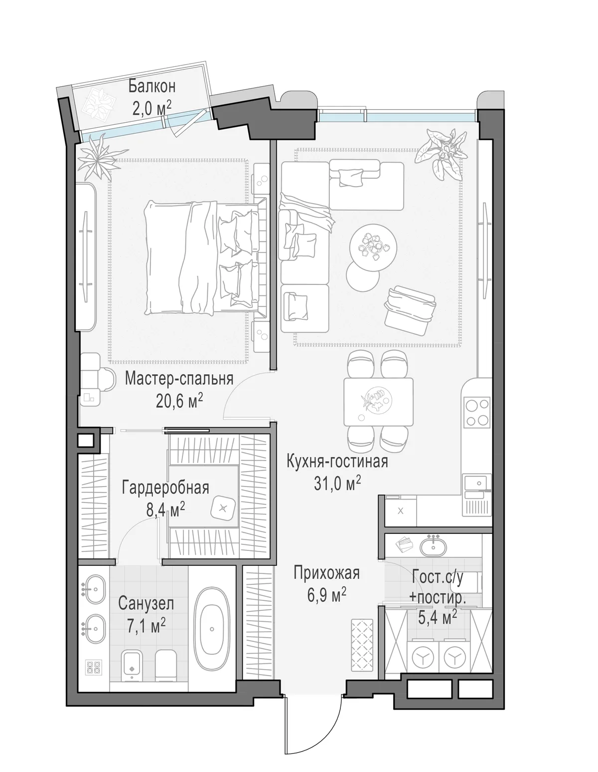 1-комнатная квартира 79,7 м² в ЖК «Палашёвский 11» — планировки 2