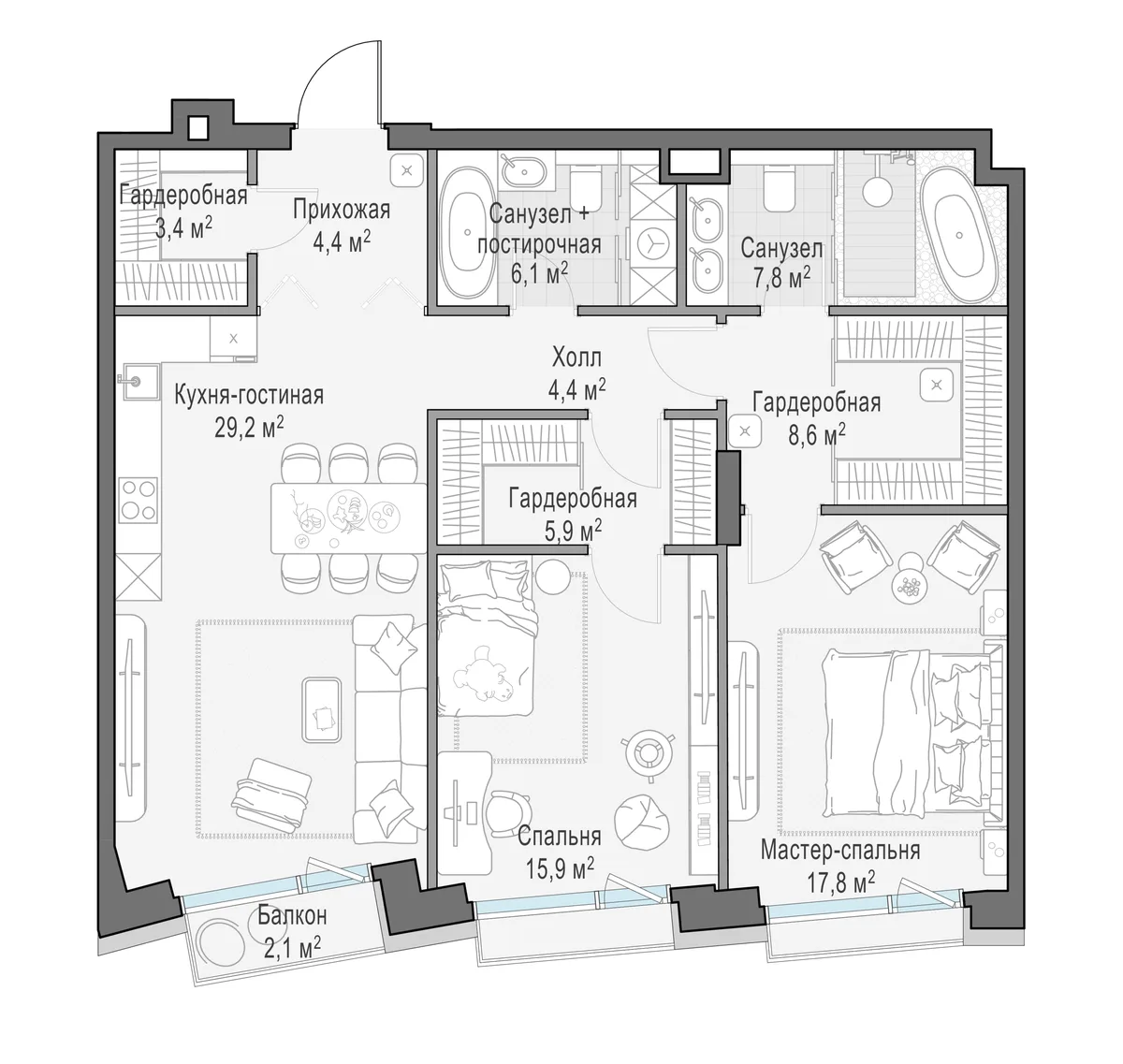 2-комнатная квартира 104 м² в ЖК «Палашёвский 11» — планировки 1