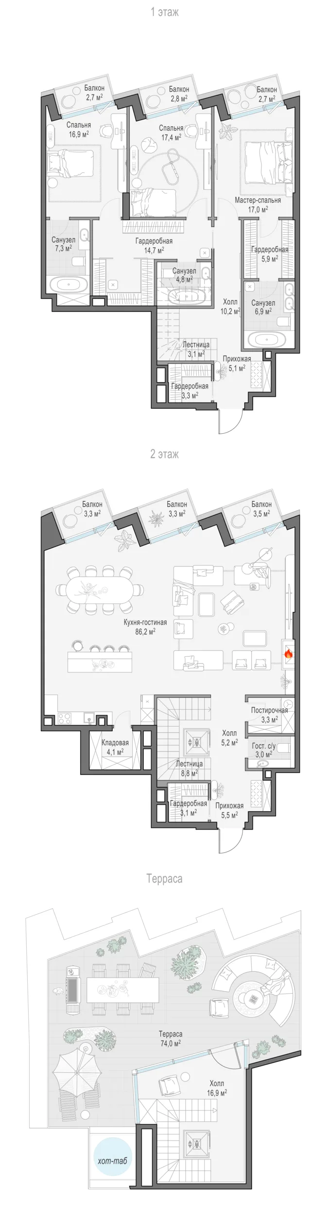 3-комнатный пентхаус 235 м² в ЖК «Палашёвский 11» — планировки 1