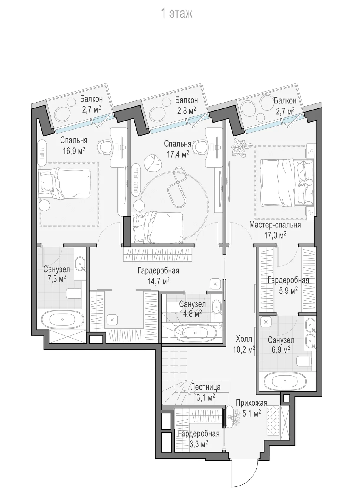 3-комнатный пентхаус 235 м² в ЖК «Палашёвский 11» — планировки 3