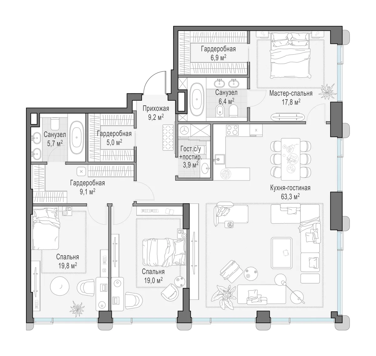 3-комнатная квартира 166,2 м² в ЖК «Палашёвский 11» — планировки 1