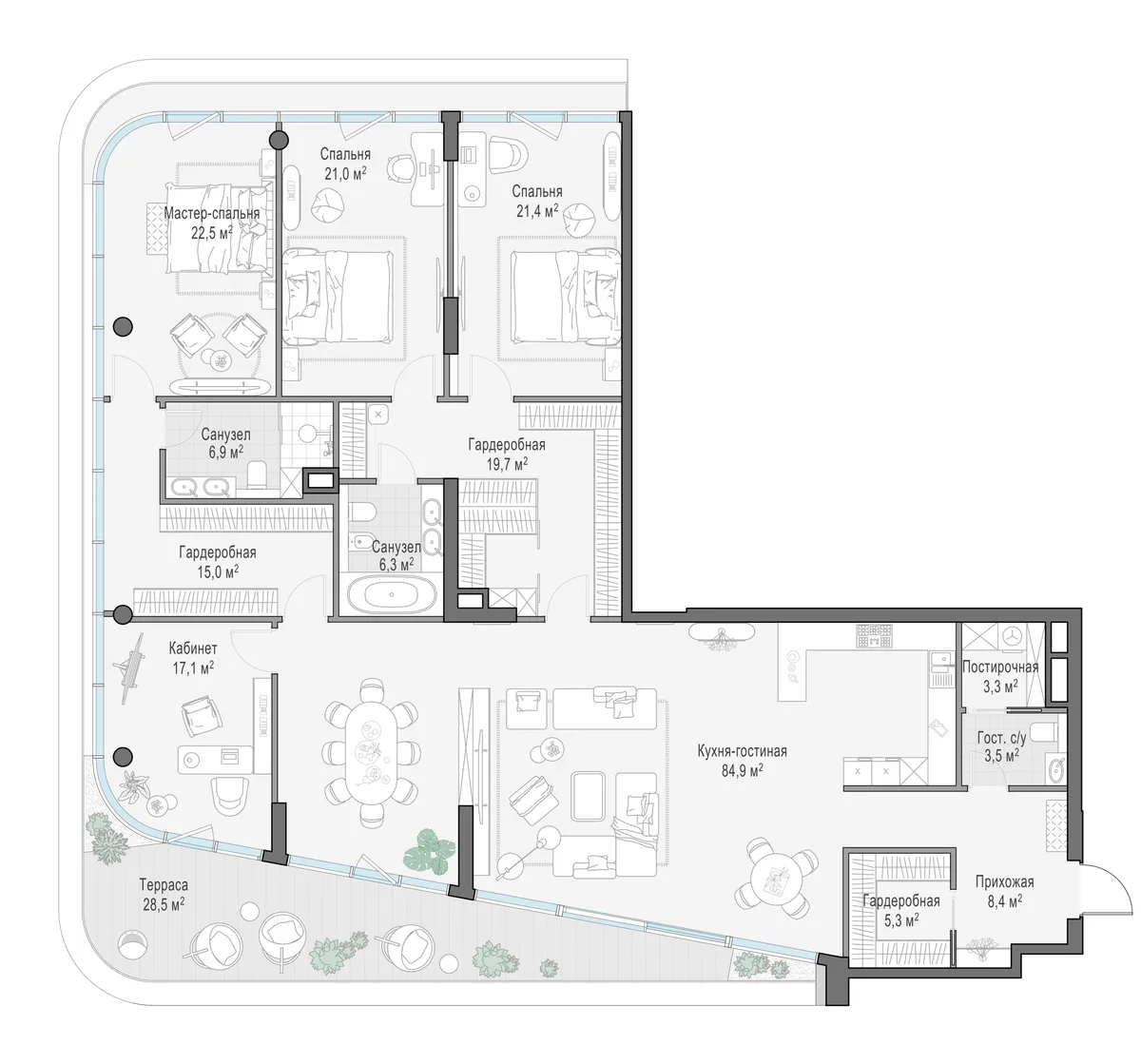 4-комнатная квартира 241,6 м² в ЖК «Палашёвский 11» — планировки 2