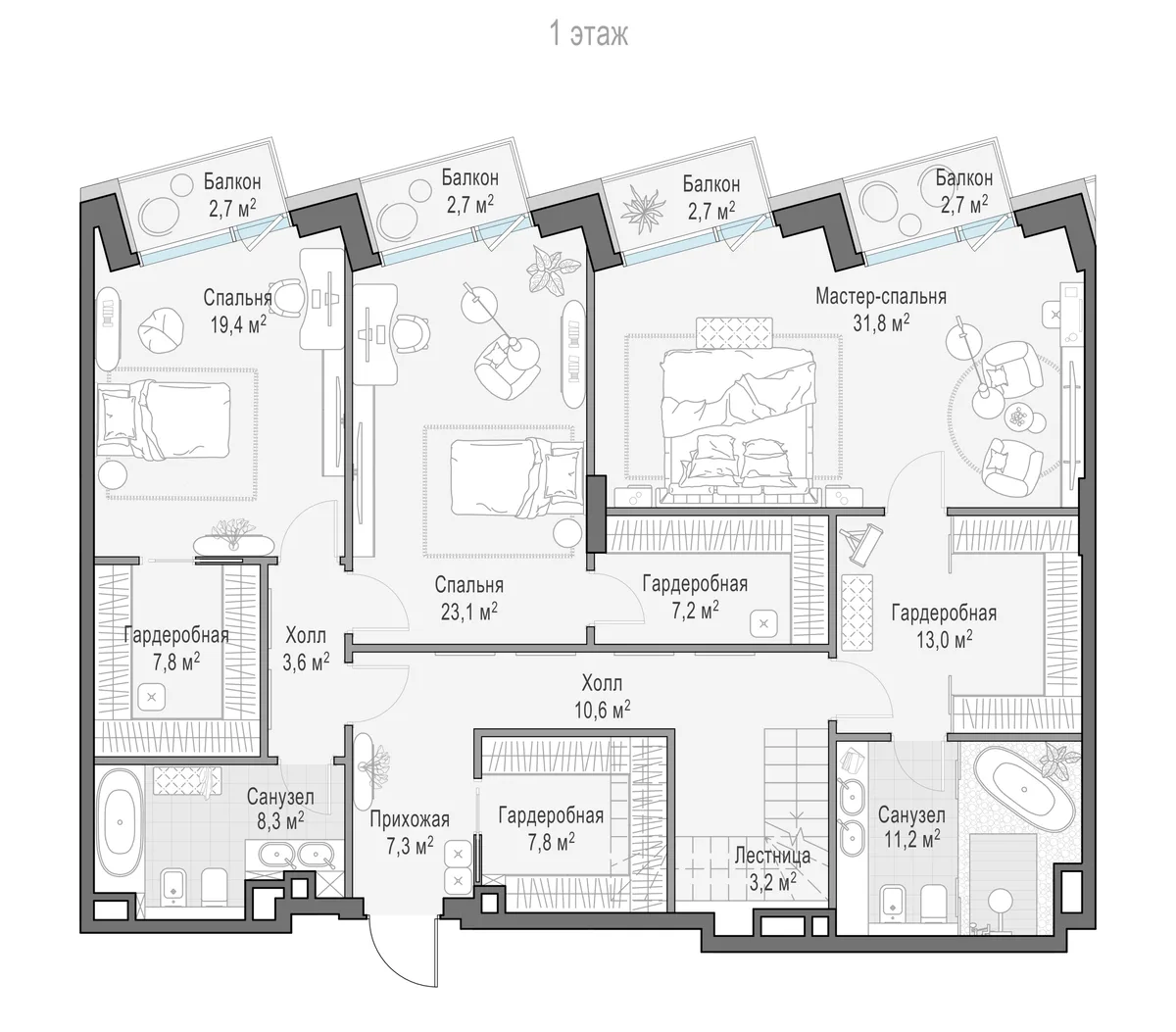 4-комнатный пентхаус 315,3 м² в ЖК «Палашёвский 11» — планировки 4