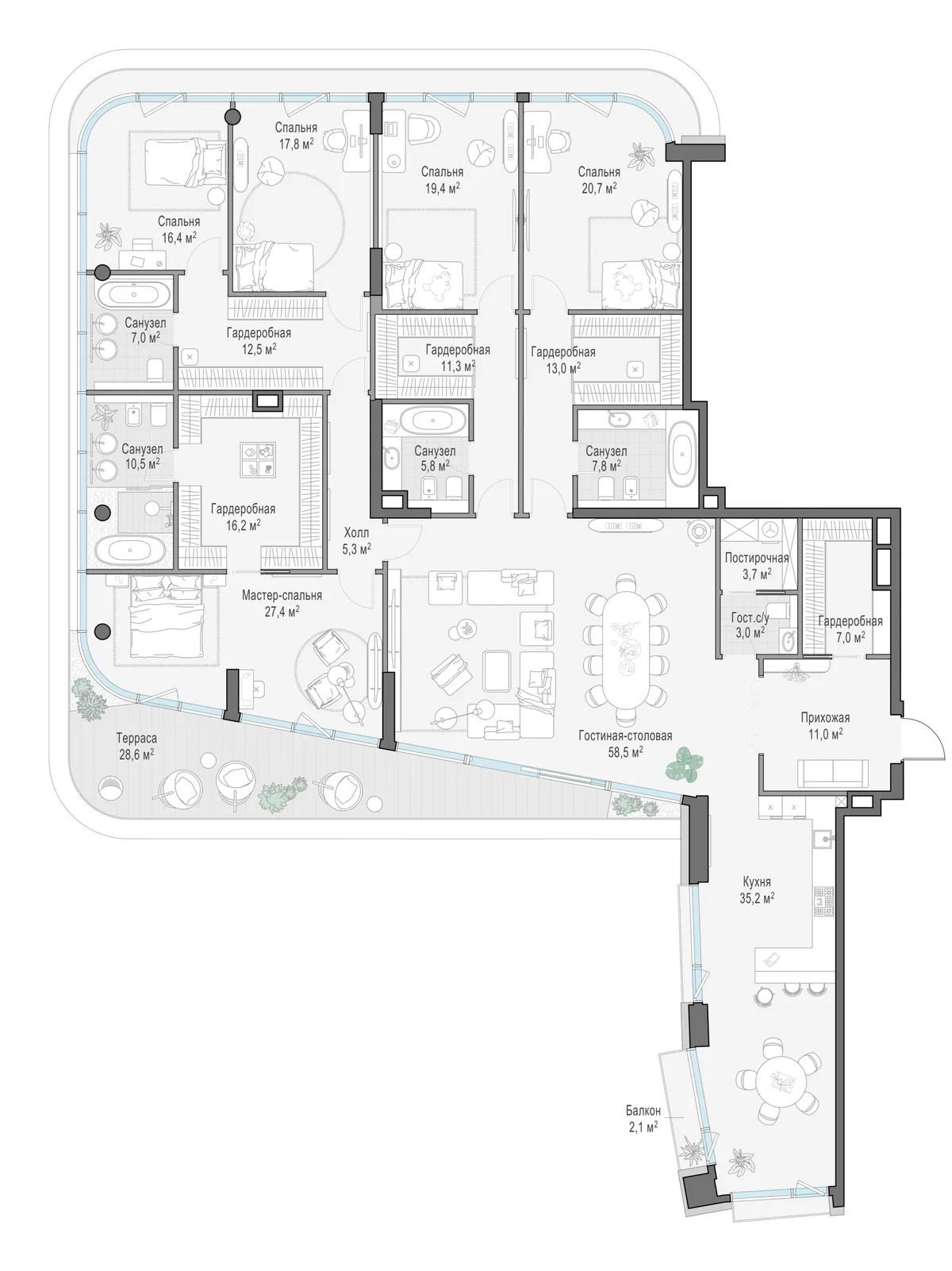 5-комнатная квартира 318,4 м² в ЖК «Палашёвский 11» — планировки 3