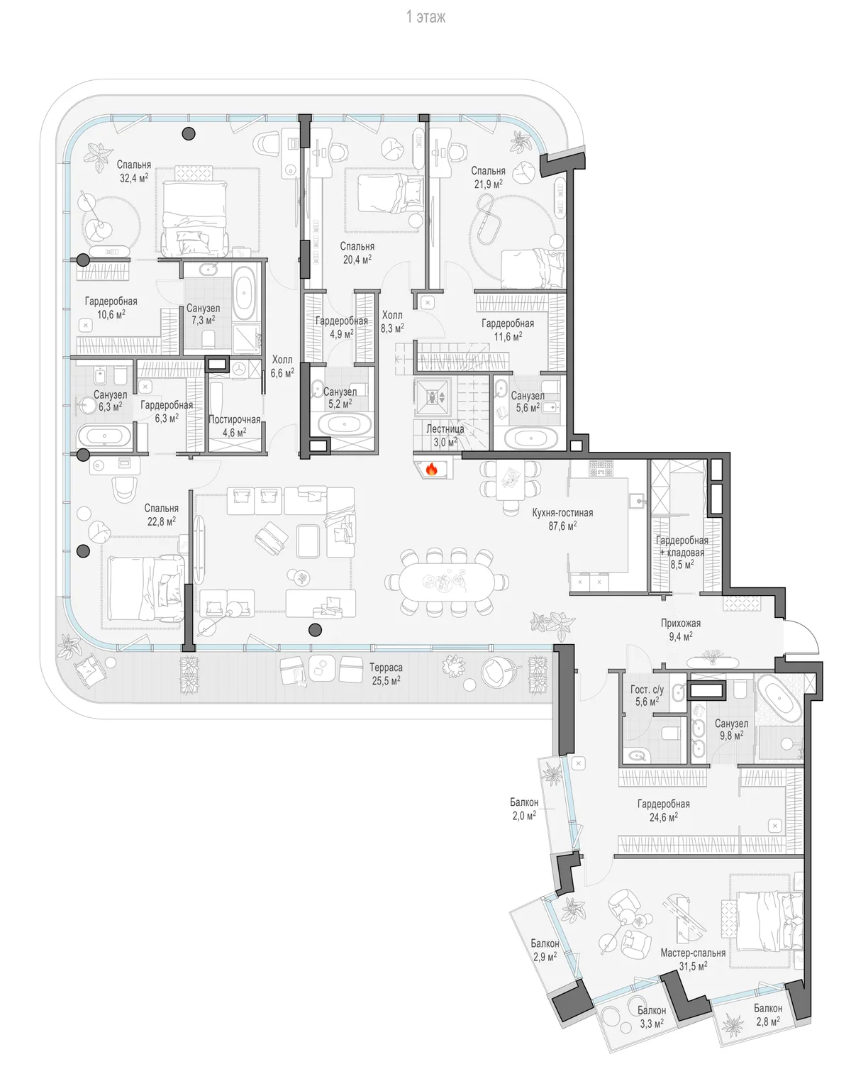 5-комнатный пентхаус 366 м² в ЖК «Палашёвский 11» — планировки 3