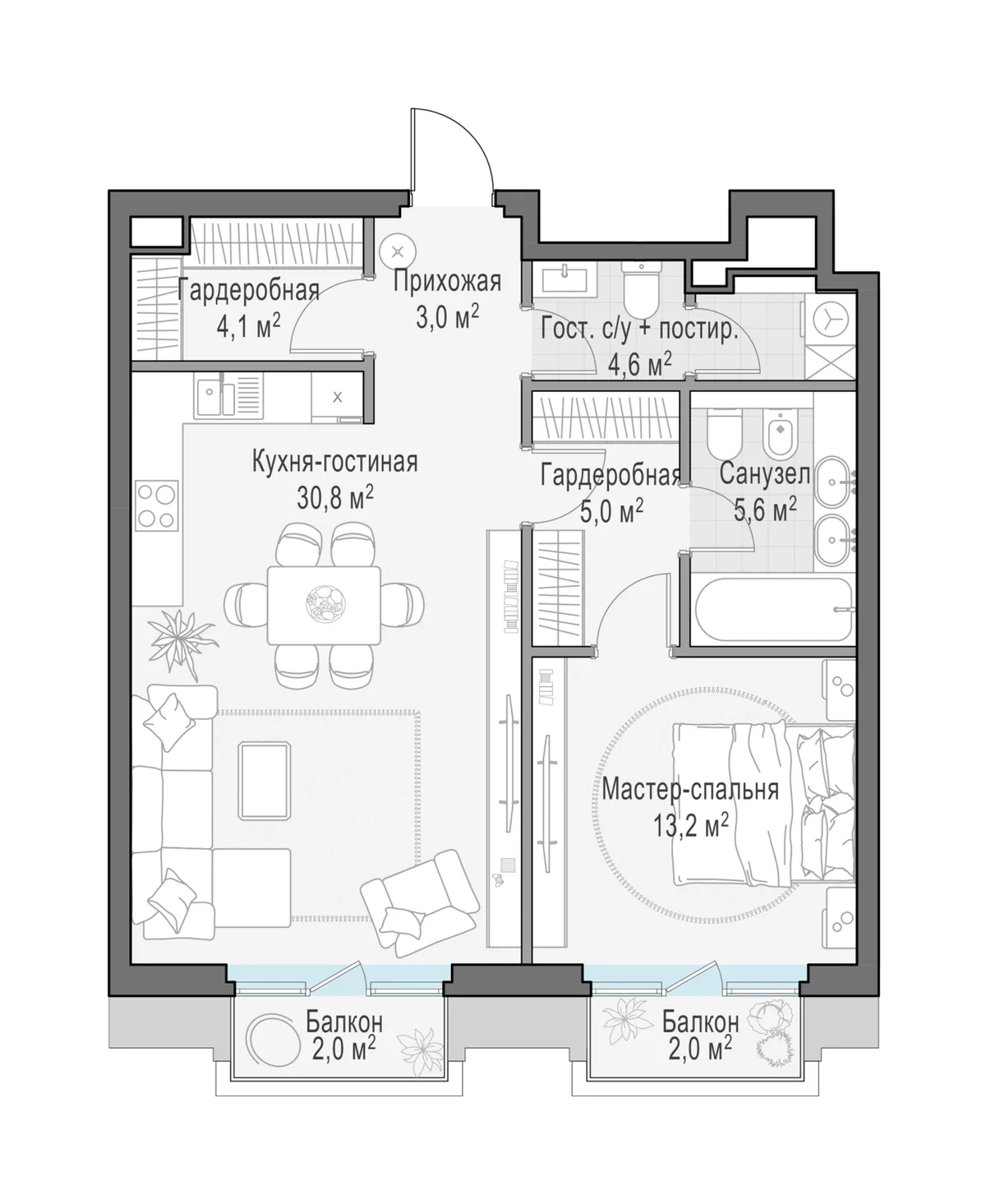 1-комнатная квартира 68,6 м² в ЖК «Тишинский бульвар» — планировки 1