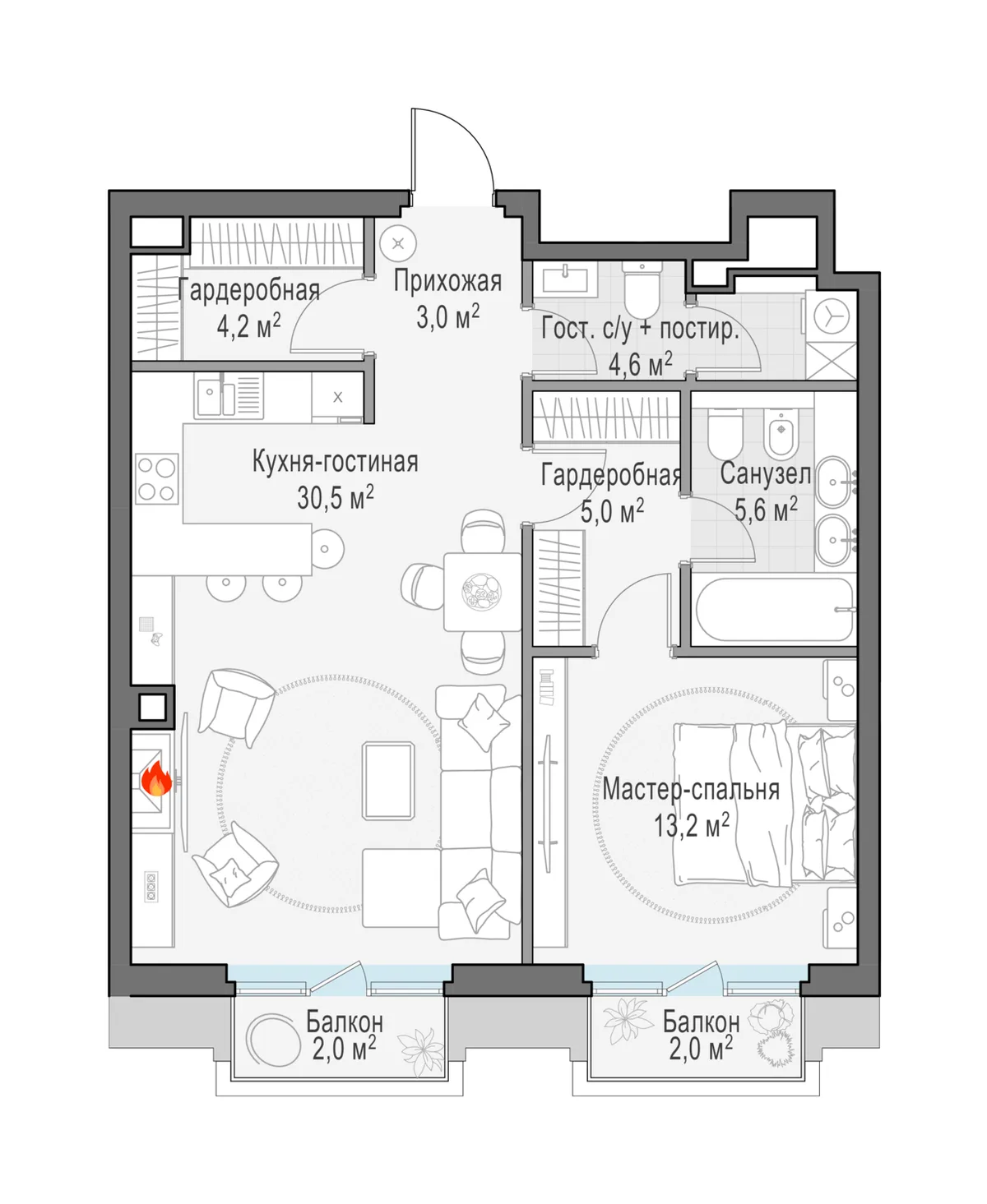 1-комнатная квартира 68,5 м² в ЖК «Тишинский бульвар» — планировки 1