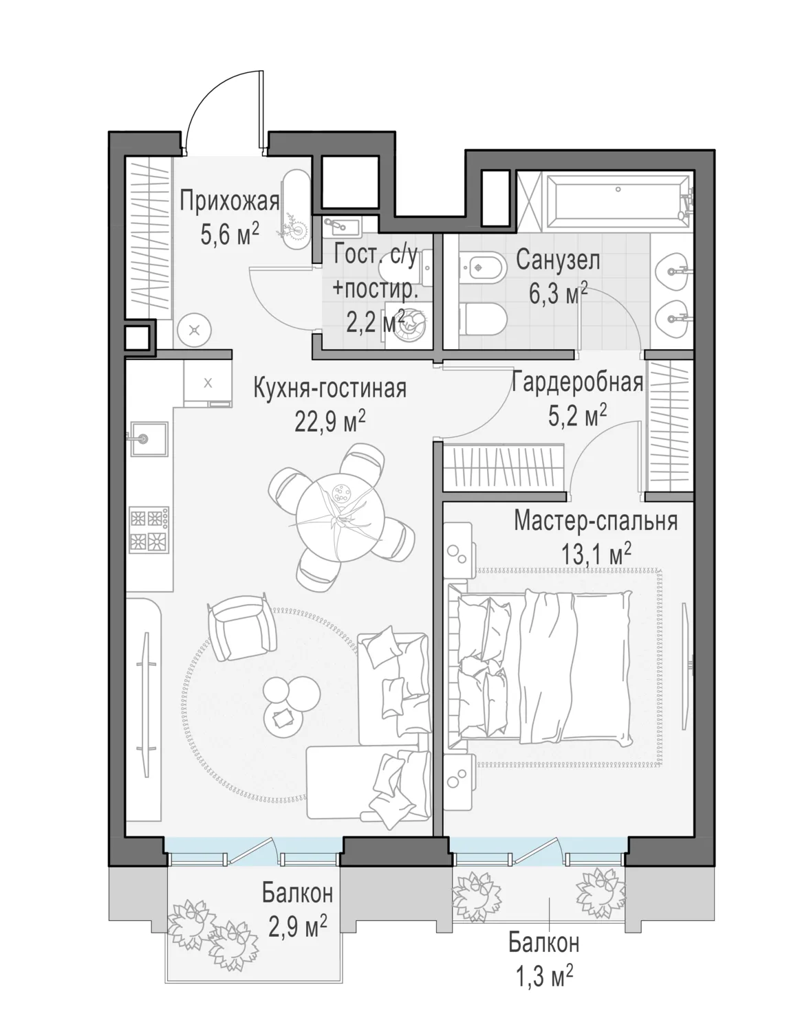 1-комнатная квартира 57,4 м² в ЖК «Тишинский бульвар» — планировки 1