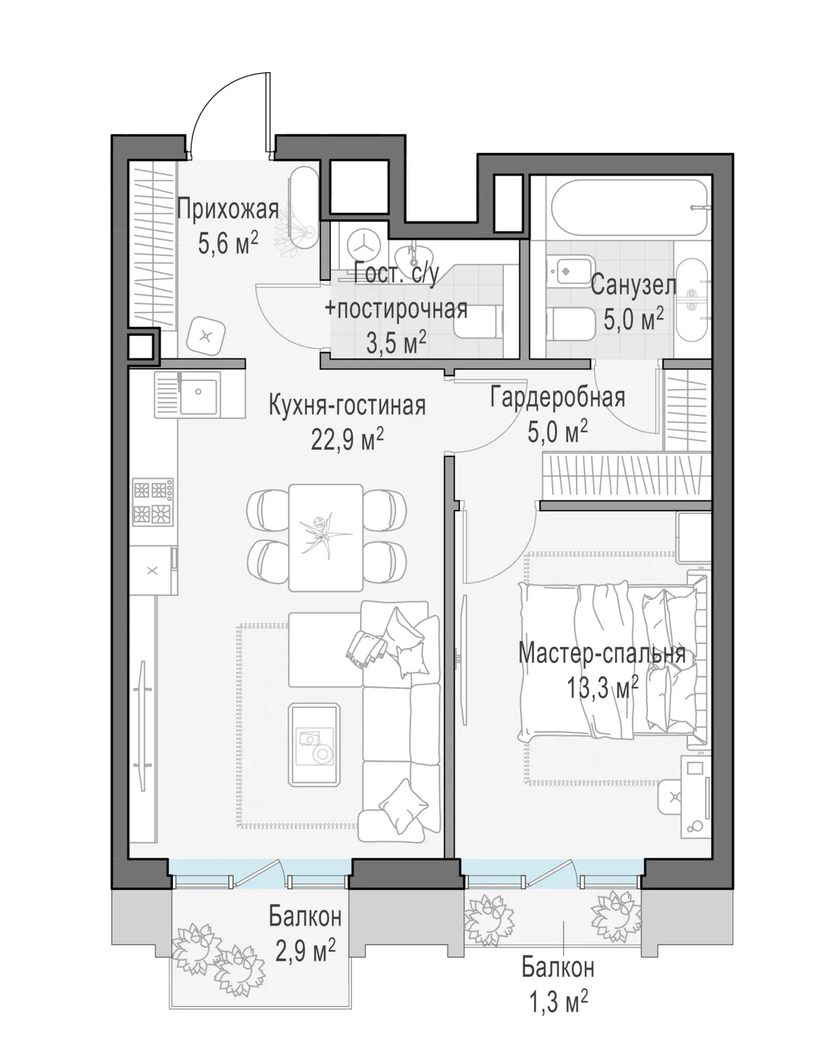 1-комнатная квартира 57,4 м² в ЖК «Тишинский бульвар» — планировки 2