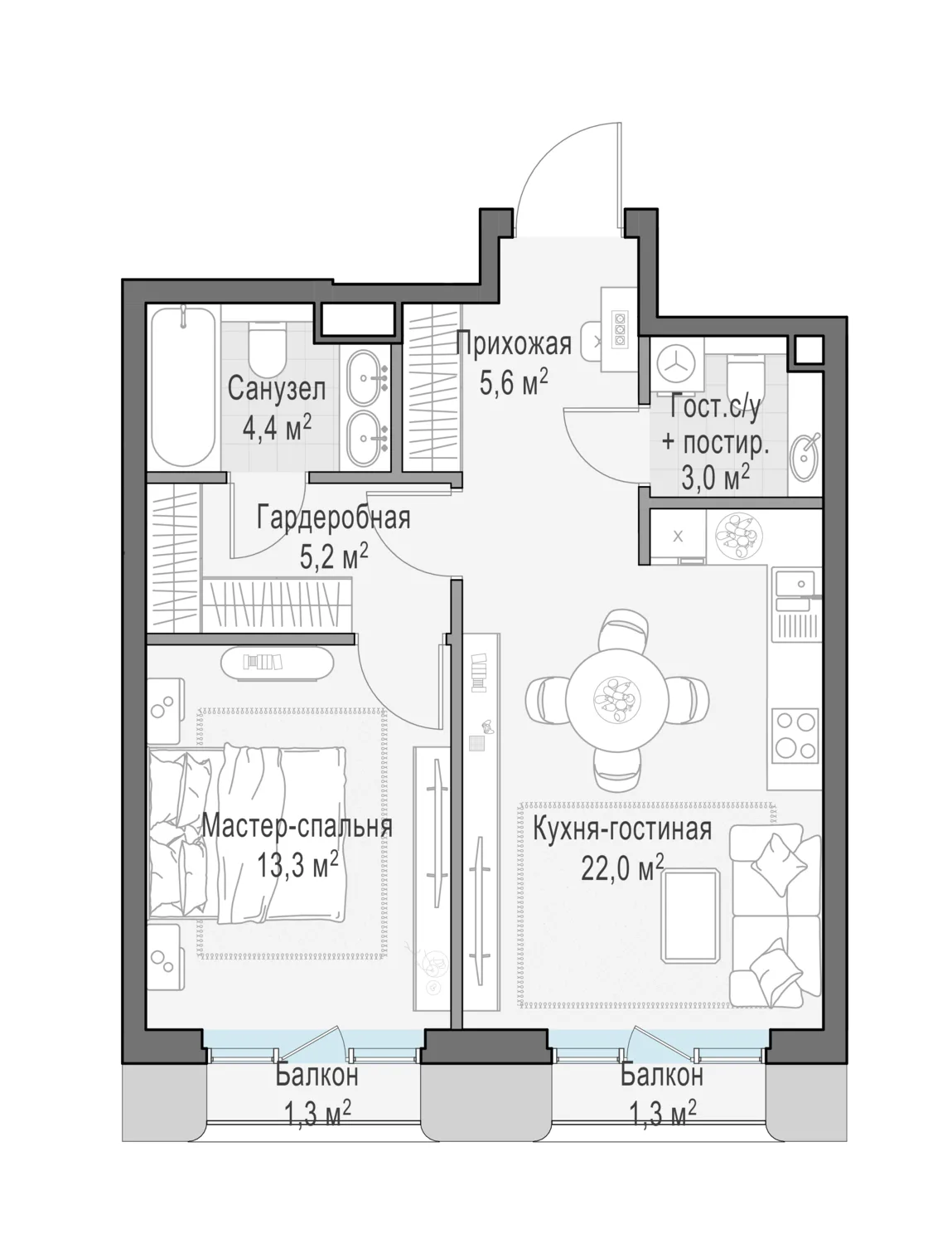 1-комнатная квартира 54,6 м² в ЖК «Тишинский бульвар» — планировки 1