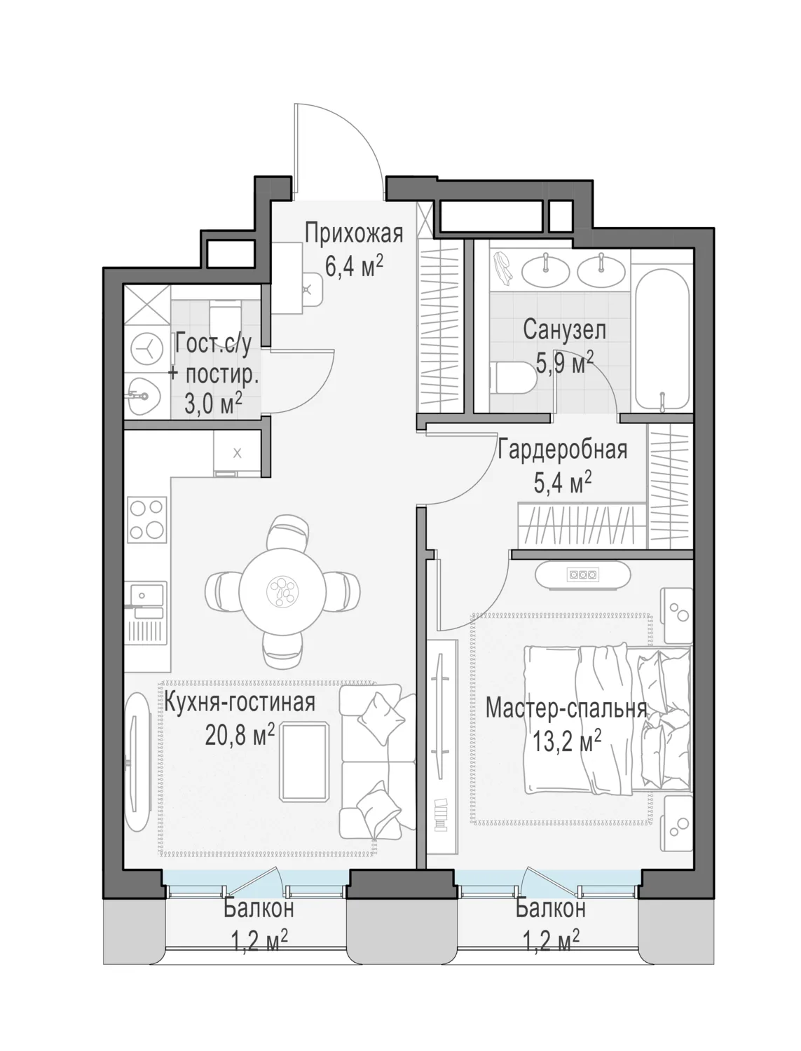 1-комнатная квартира 55,6 м² в ЖК «Тишинский бульвар» — планировки 1