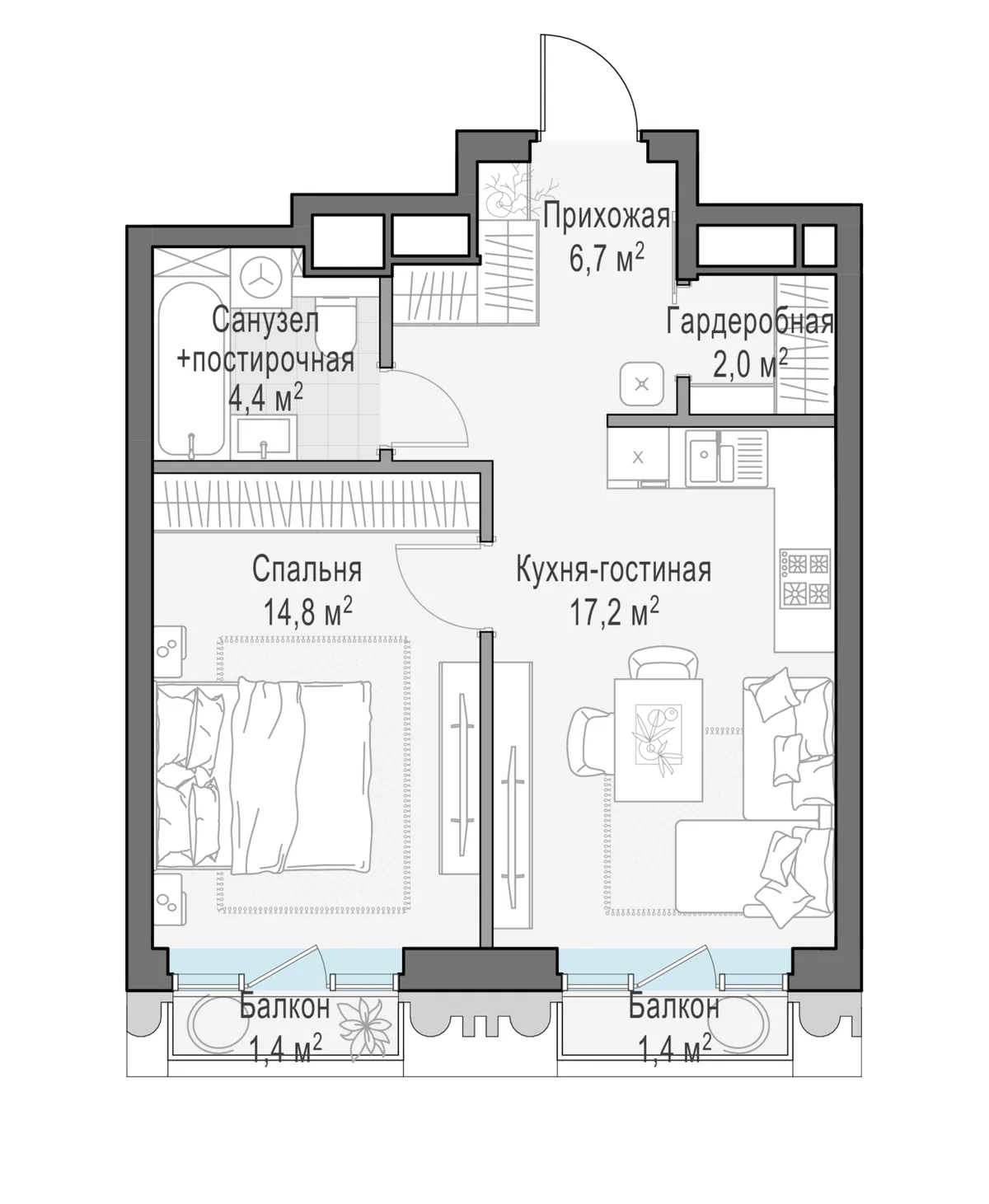 1-комнатная квартира 45,7 м² в ЖК «Тишинский бульвар» — планировки 1