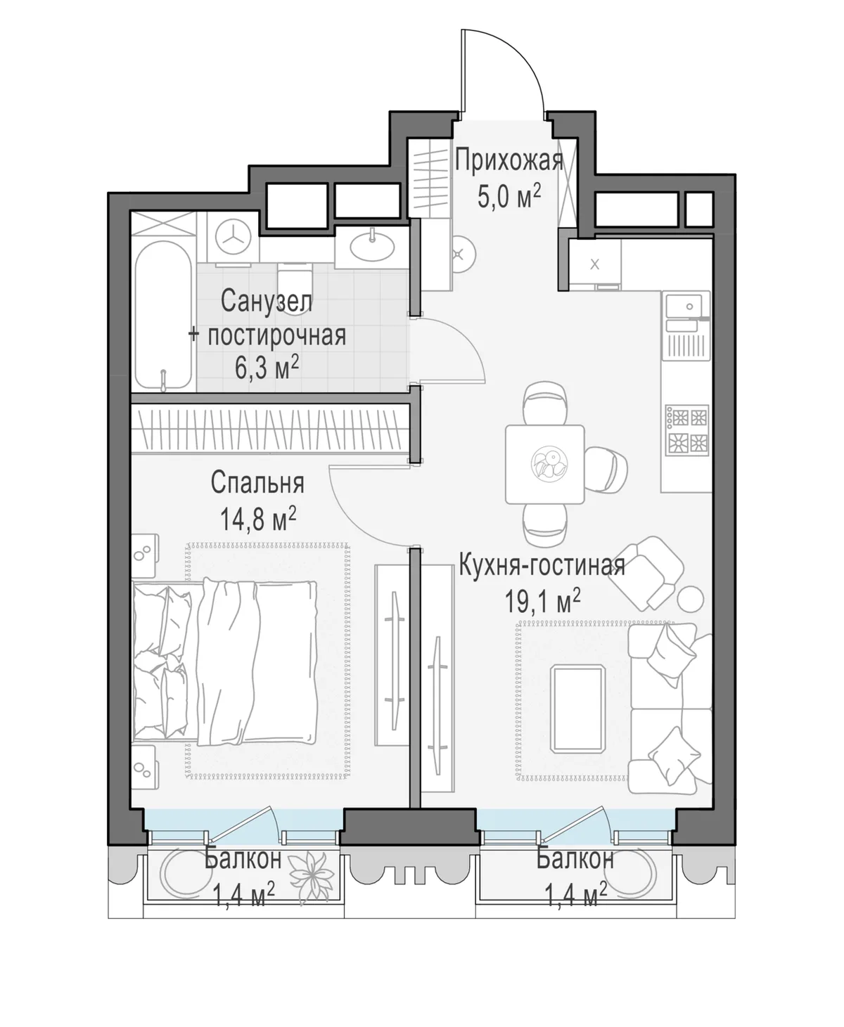1-комнатная квартира 45,7 м² в ЖК «Тишинский бульвар» — планировки 2