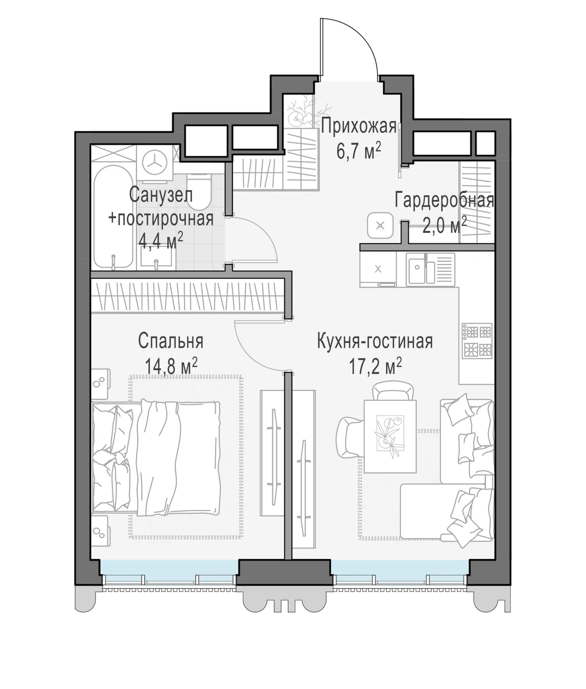 1-комнатная квартира 44,9 м² в ЖК «Тишинский бульвар» — планировки 2