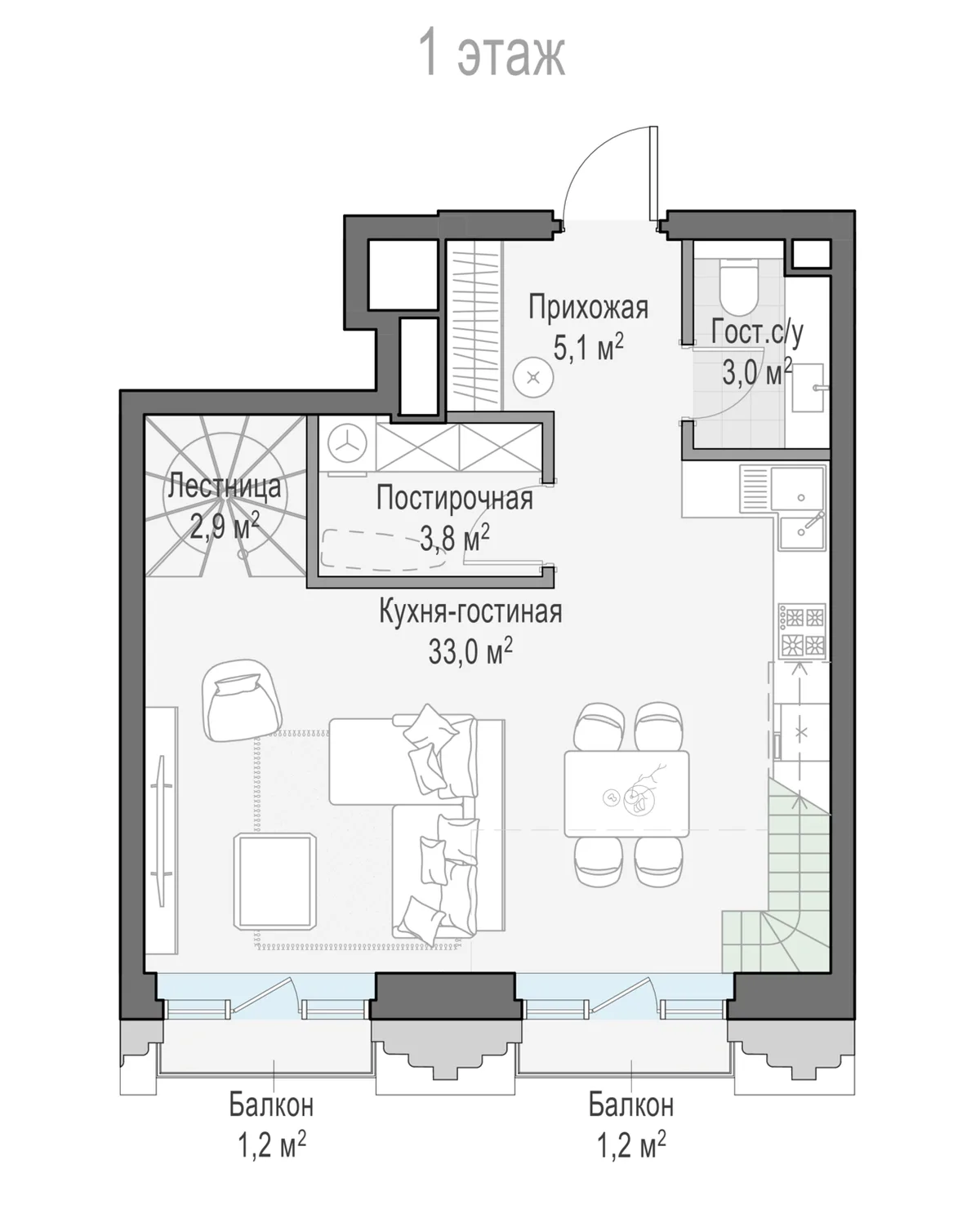 1-комнатная квартира 48,6 м² в ЖК «Тишинский бульвар» — планировки 4