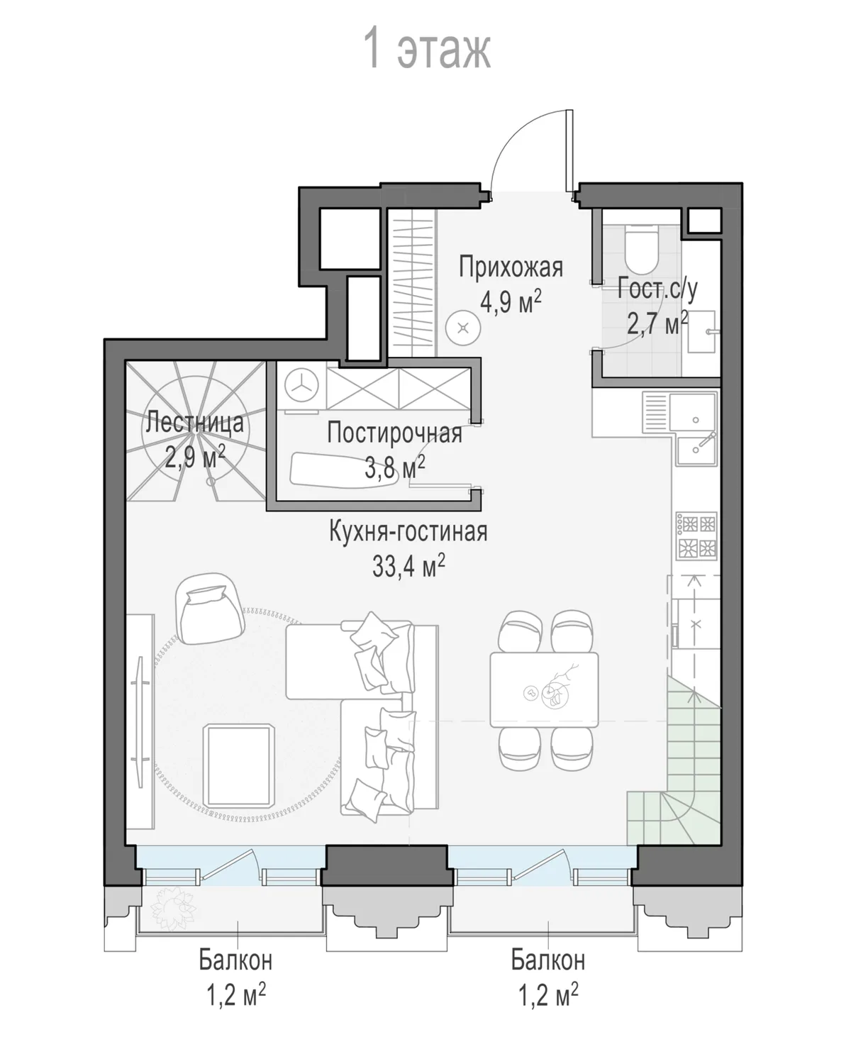 1-комнатная квартира 48,6 м² в ЖК «Тишинский бульвар» — планировки 4