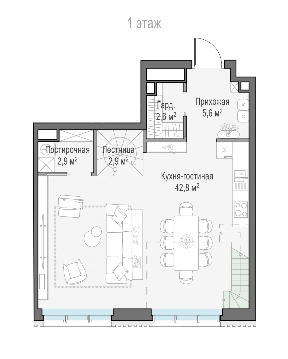 1-комнатная квартира 55,9 м² в ЖК «Тишинский бульвар» — планировки 2