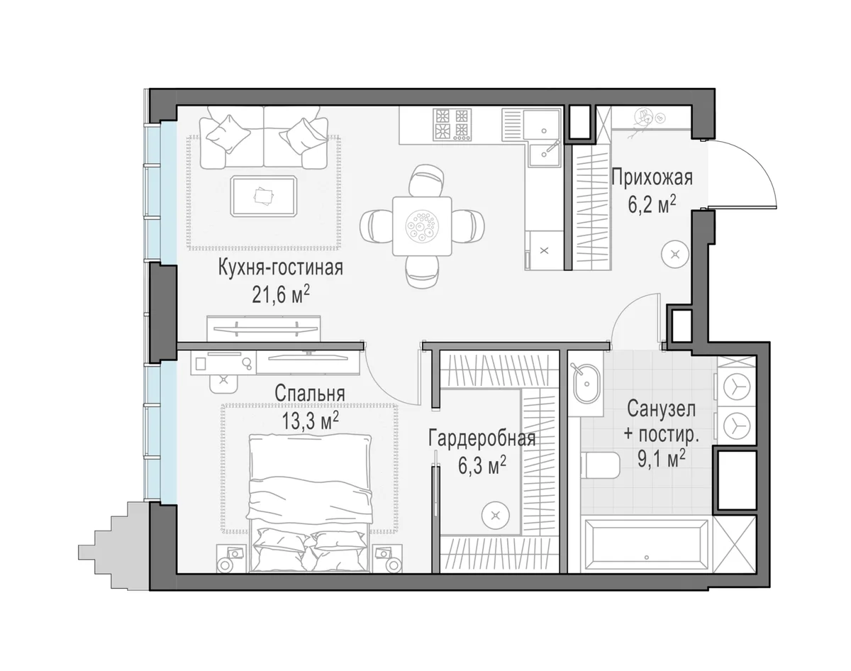 1-комнатная квартира 56,3 м² в ЖК «Тишинский бульвар» — планировки 2