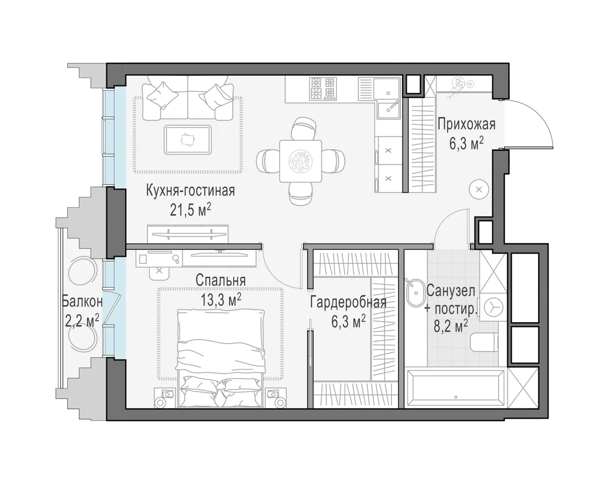 1-комнатная квартира 56 м² в ЖК «Тишинский бульвар» — планировки 1