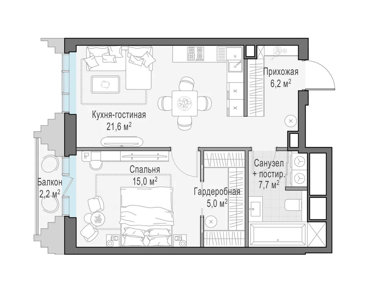 1-комнатная квартира 56 м² в ЖК «Тишинский бульвар» — планировки 2