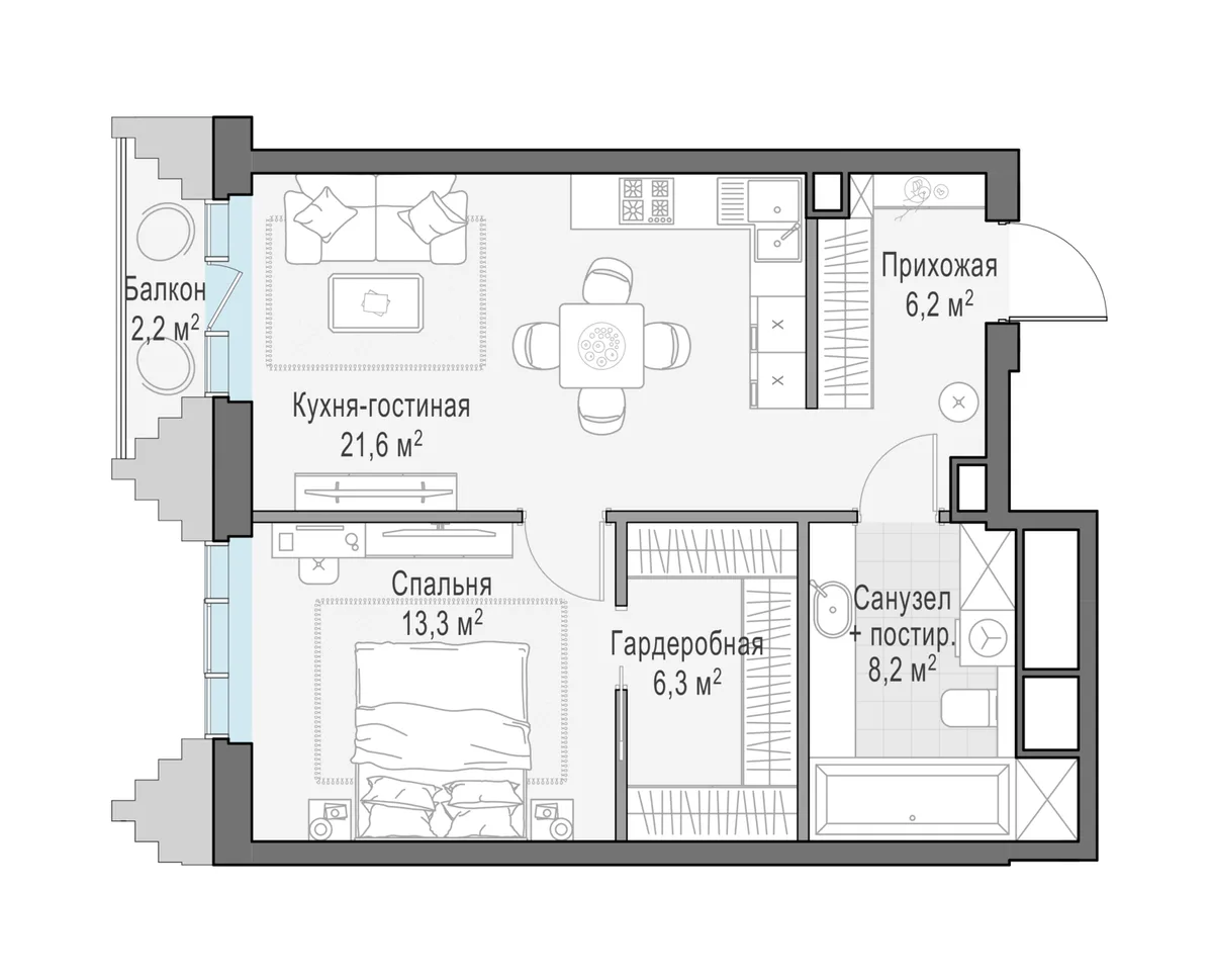 1-комнатная квартира 56 м² в ЖК «Тишинский бульвар» — планировки 1