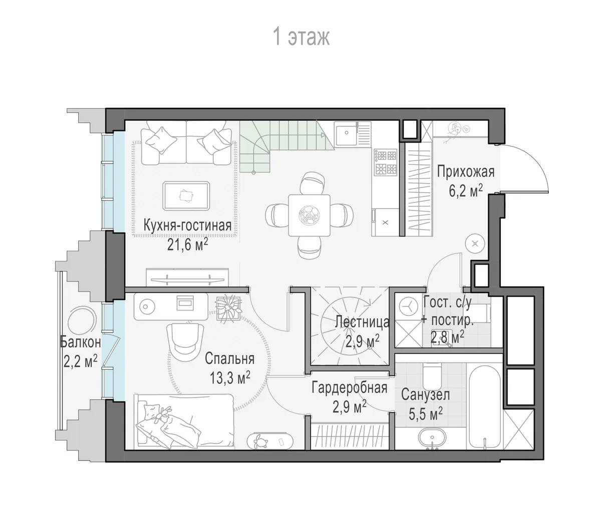 1-комнатная квартира 55,9 м² в ЖК «Тишинский бульвар» — планировки 7