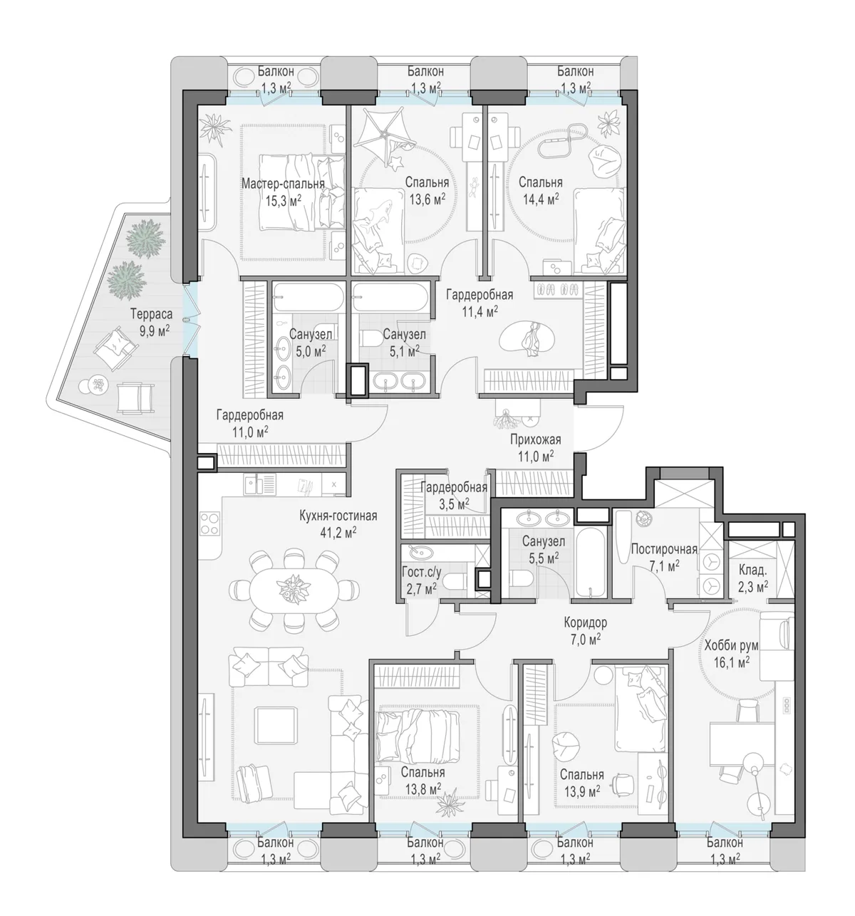 1-комнатная квартира 205,4 м² в ЖК «Тишинский бульвар» — планировки 2