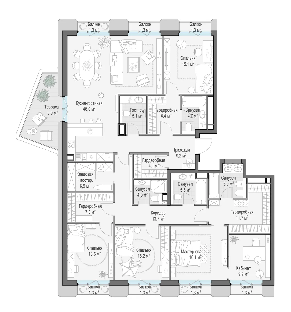 1-комнатная квартира 205,4 м² в ЖК «Тишинский бульвар» — планировки 3