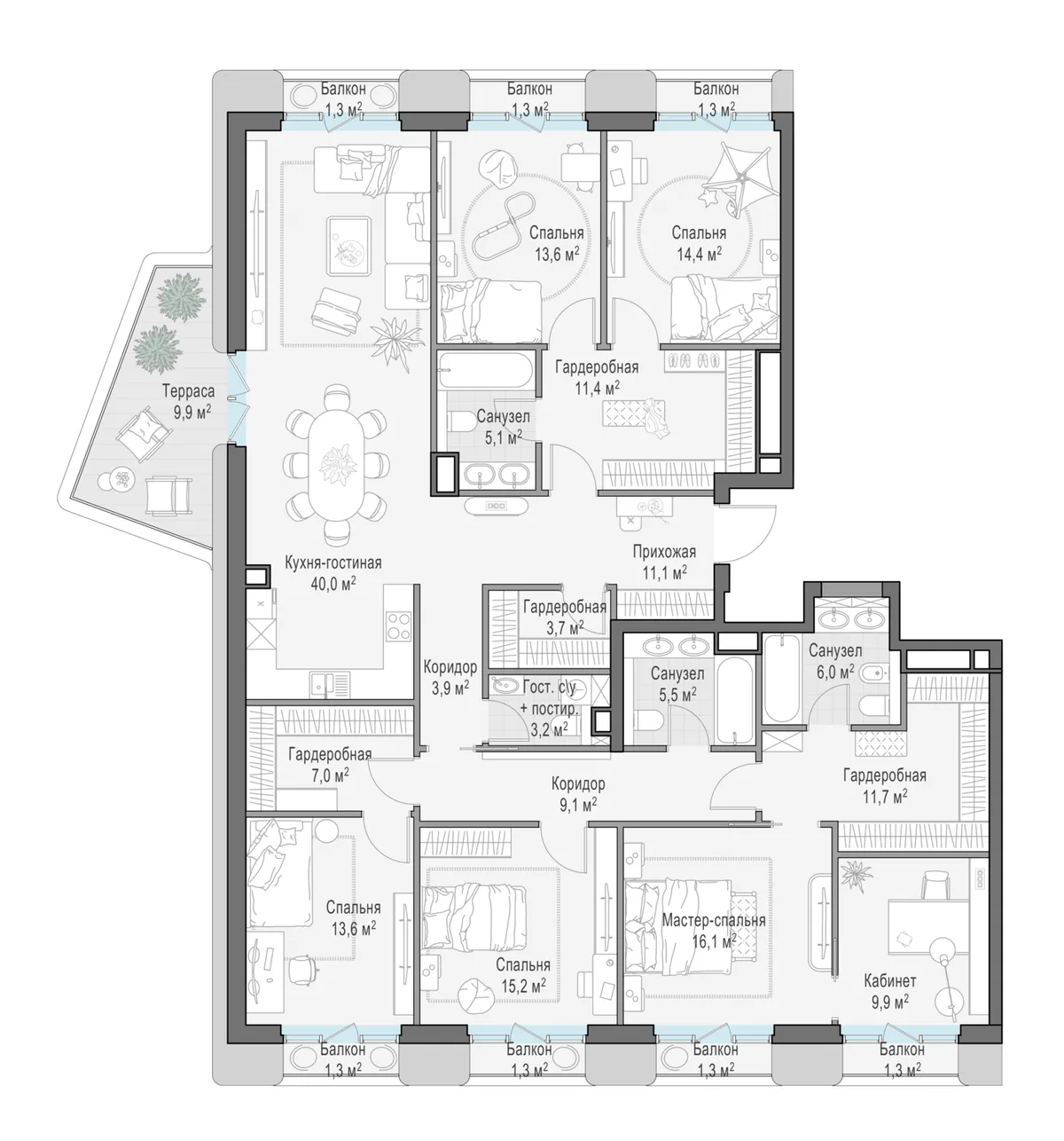 1-комнатная квартира 205,4 м² в ЖК «Тишинский бульвар» — планировки 4
