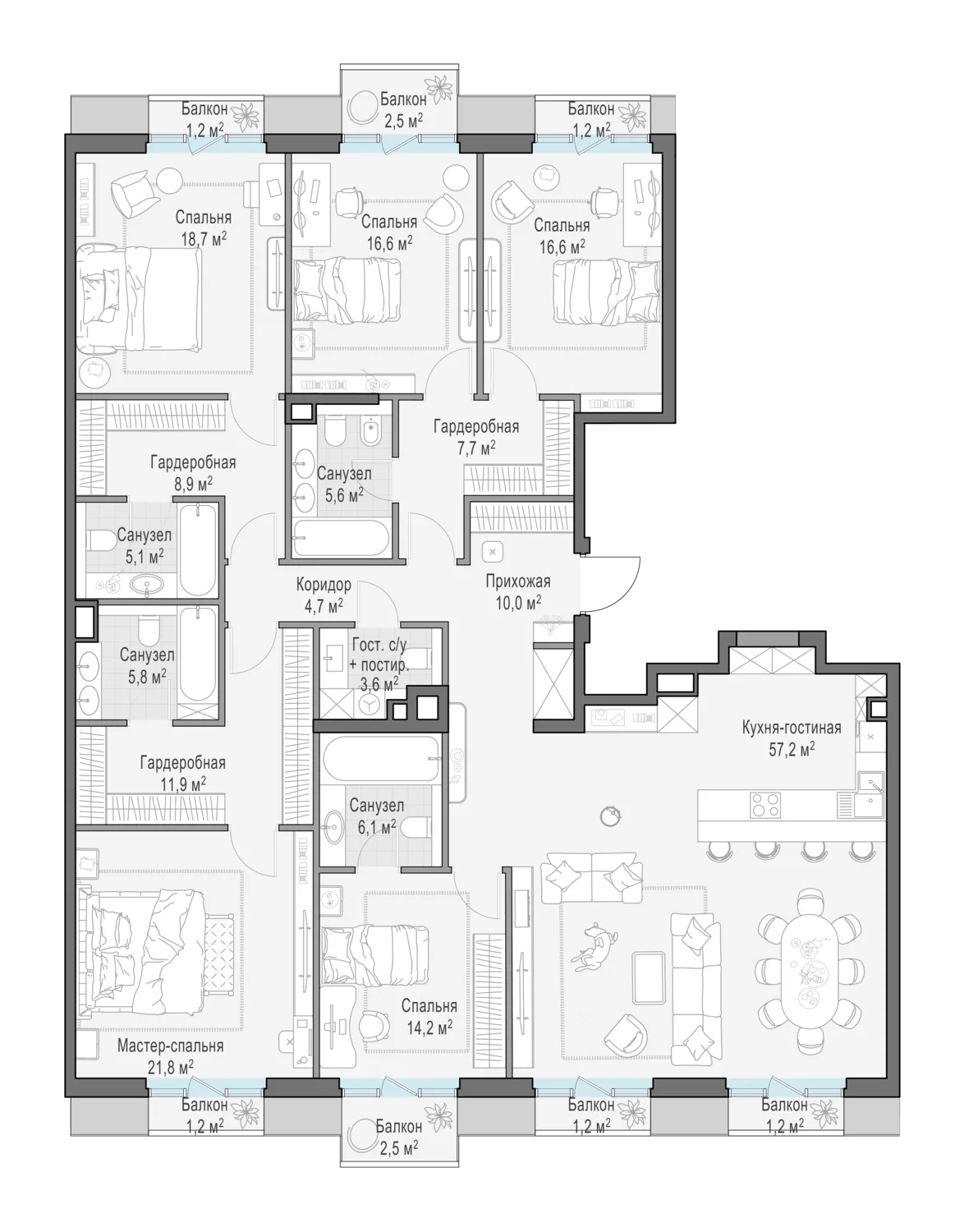 1-комнатная квартира 215,4 м² в ЖК «Тишинский бульвар» — планировки 1