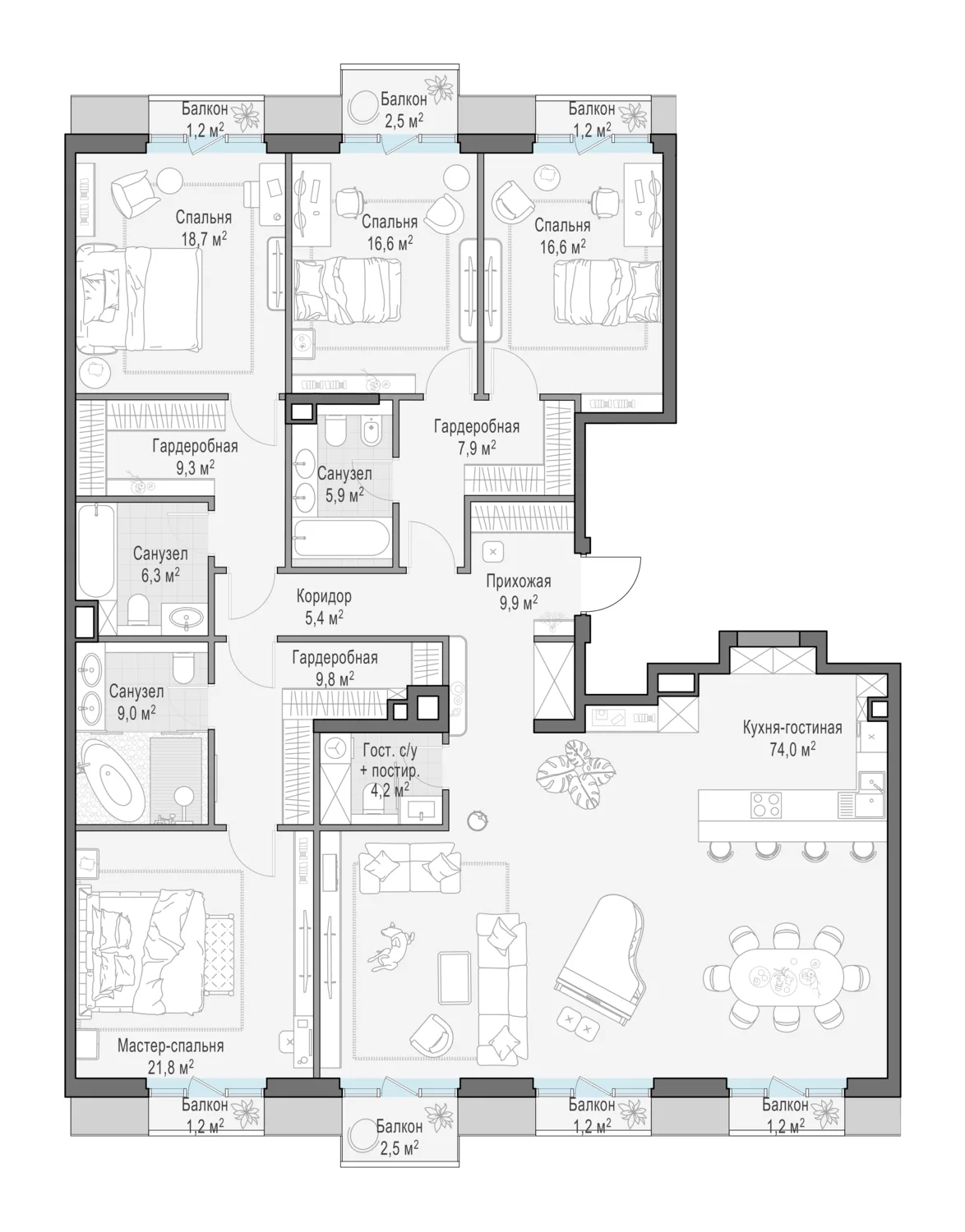 1-комнатная квартира 215,4 м² в ЖК «Тишинский бульвар» — планировки 2