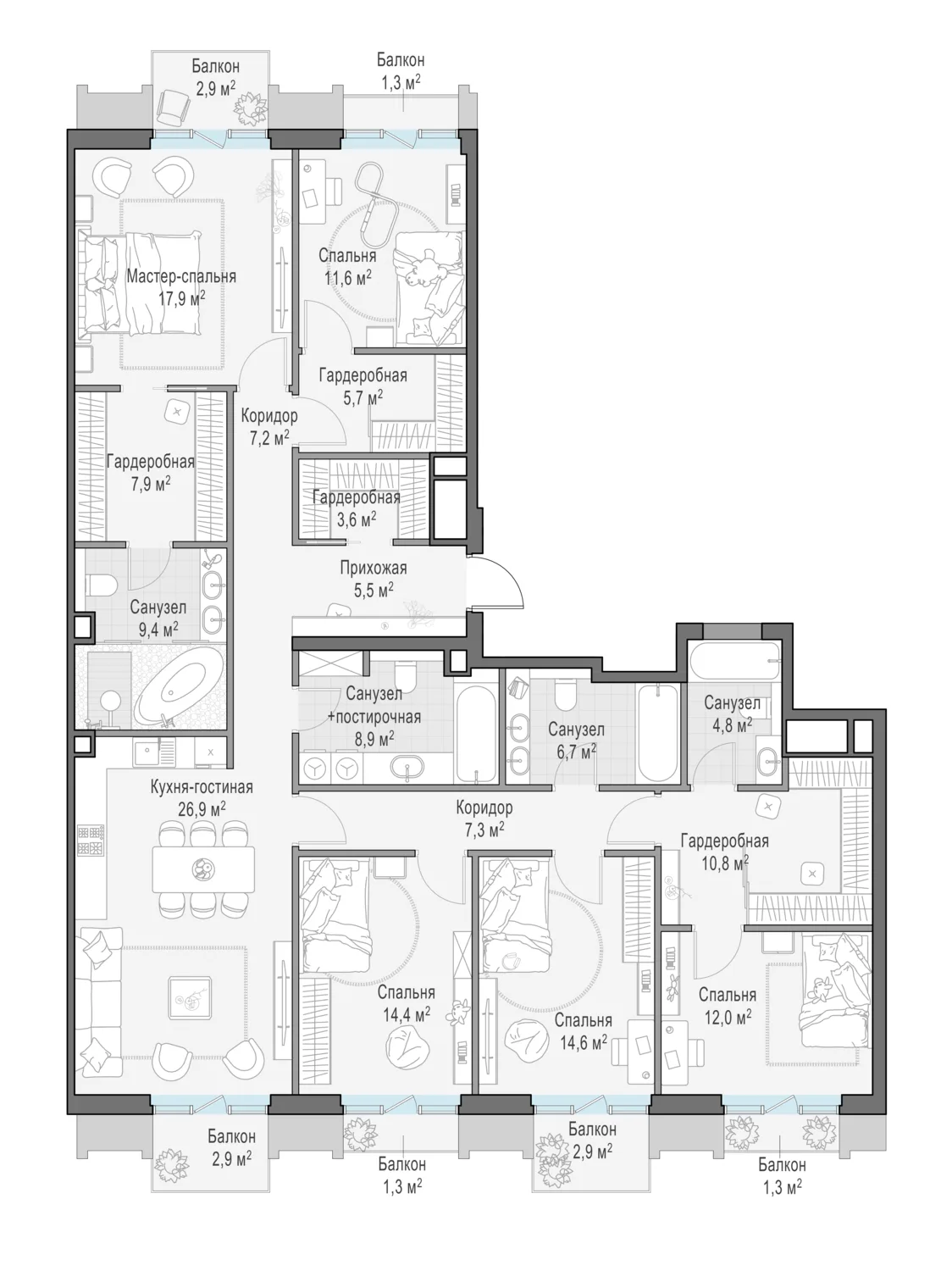 1-комнатная квартира 181,3 м² в ЖК «Тишинский бульвар» — планировки 2