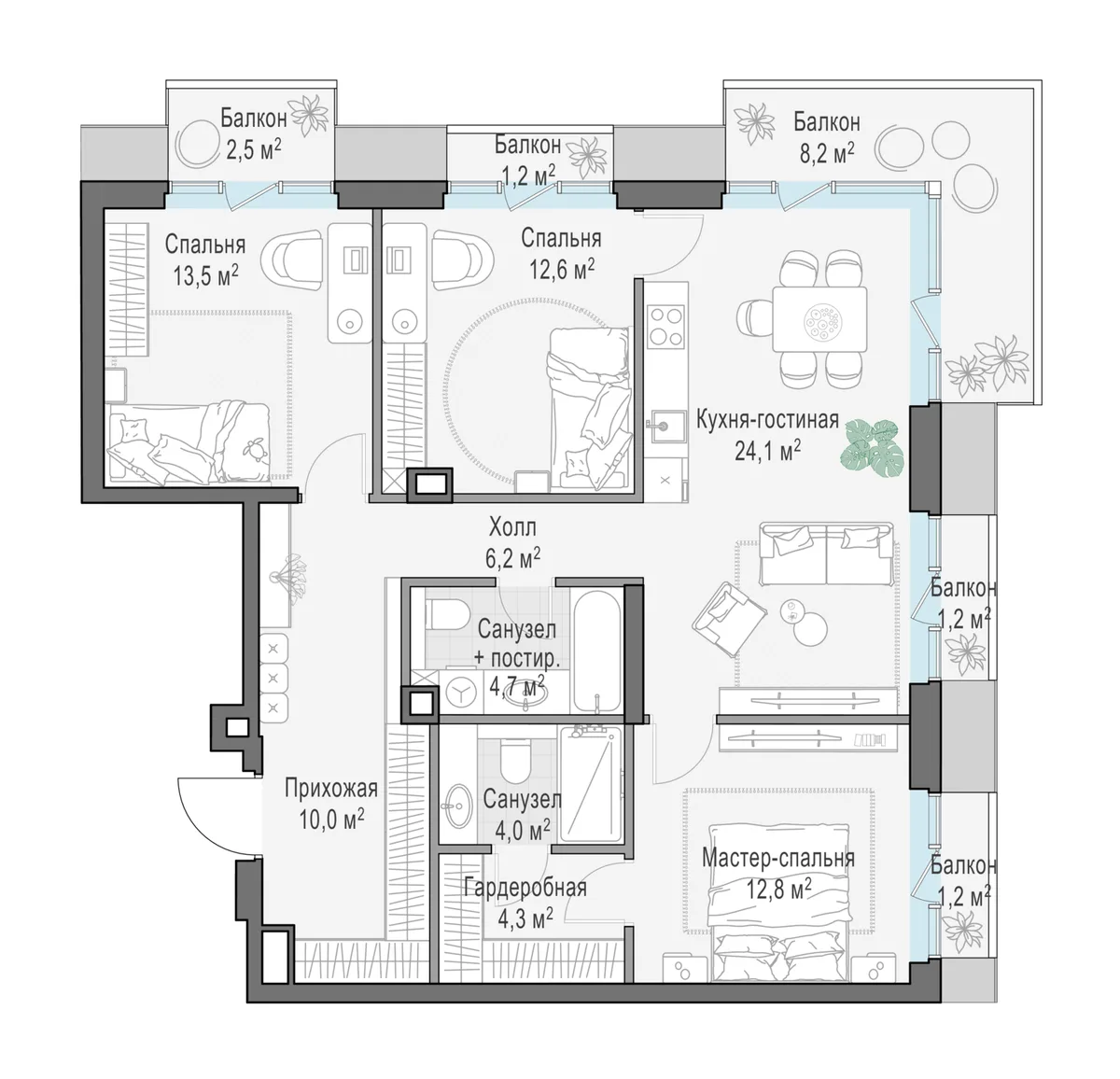 2-комнатная квартира 96,7 м² в ЖК «Тишинский бульвар» — планировки 1