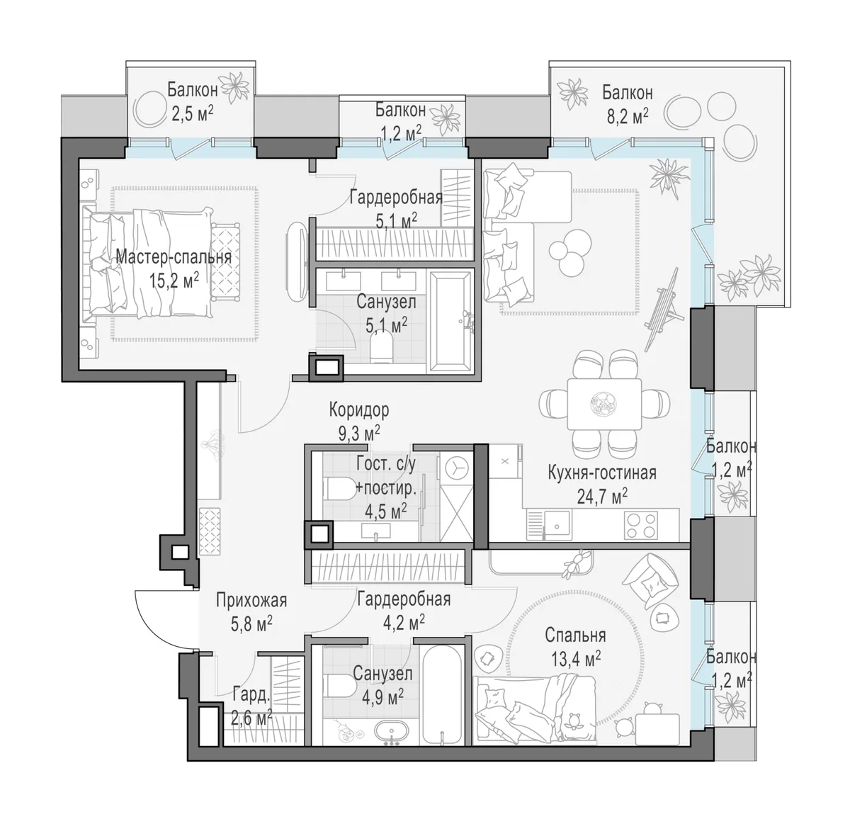 2-комнатная квартира 96,7 м² в ЖК «Тишинский бульвар» — планировки 2