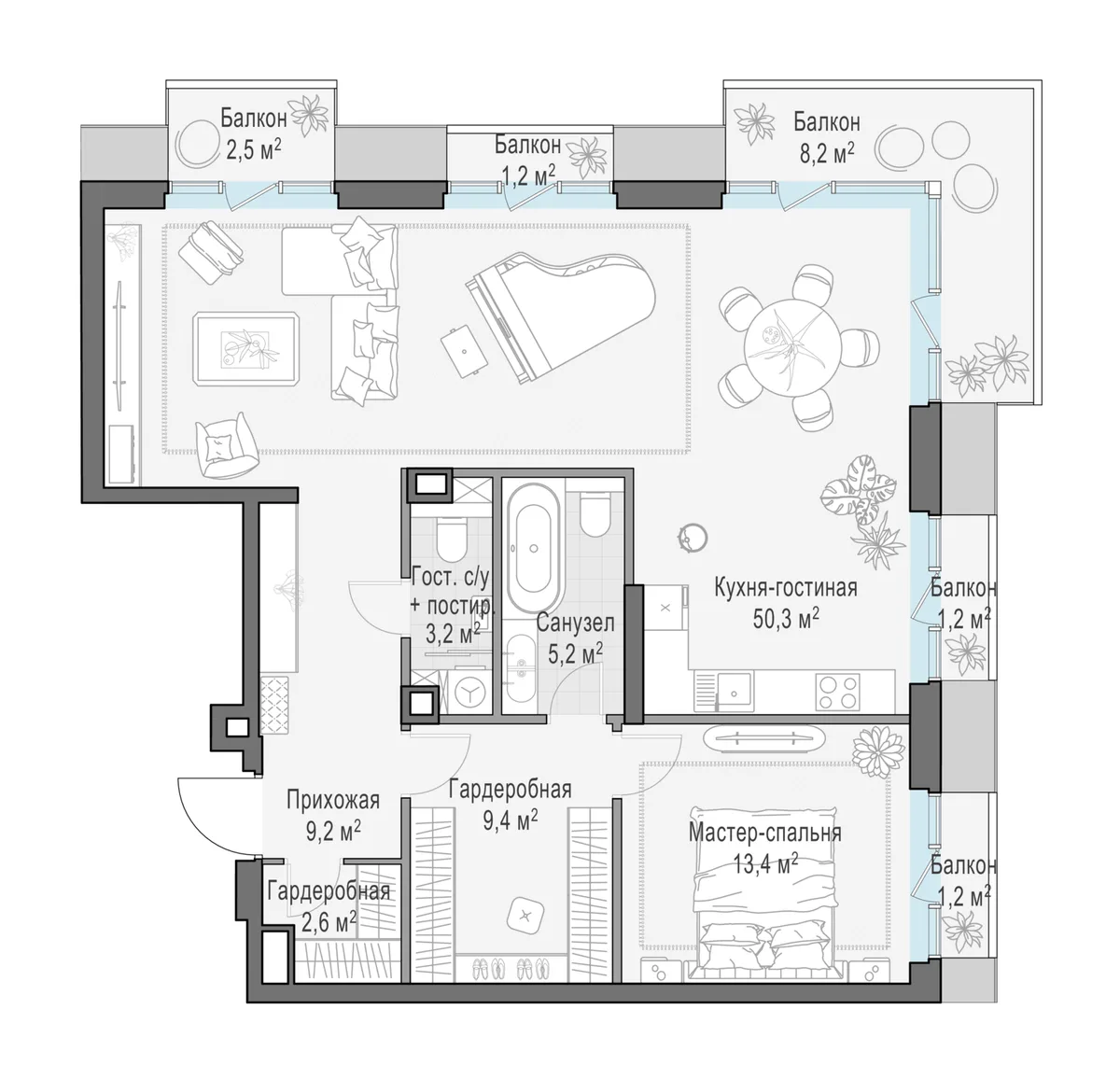2-комнатная квартира 96,7 м² в ЖК «Тишинский бульвар» — планировки 3