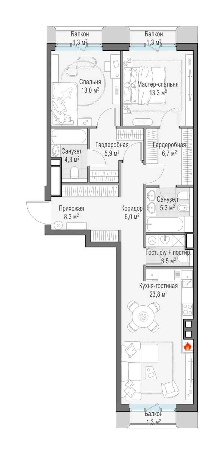 2-комнатная квартира 91,1 м² в ЖК «Тишинский бульвар» — планировки 1