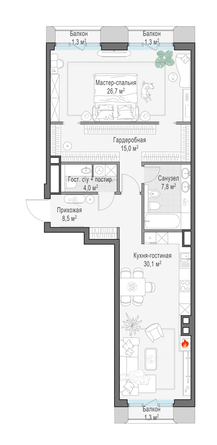 2-комнатная квартира 91,1 м² в ЖК «Тишинский бульвар» — планировки 2