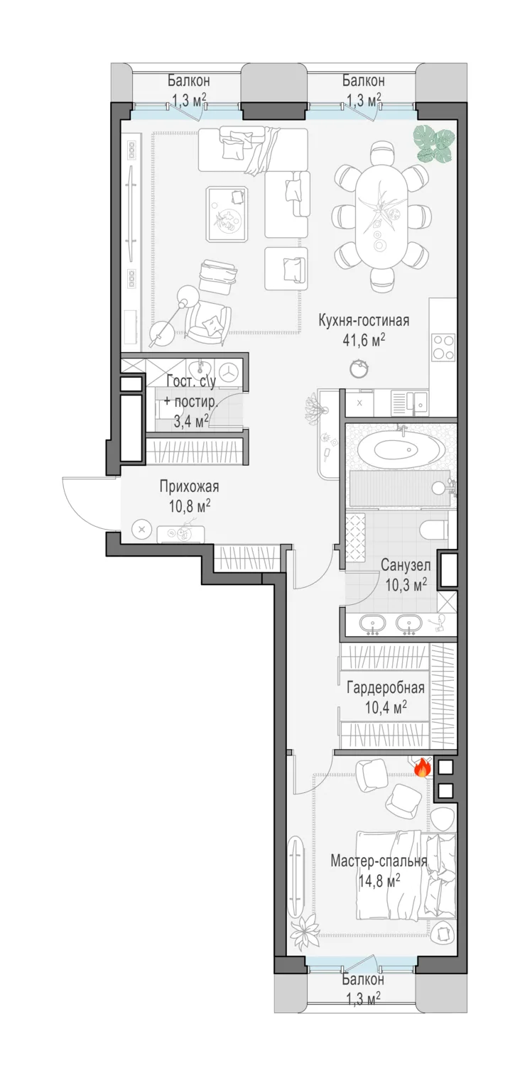 2-комнатная квартира 91,1 м² в ЖК «Тишинский бульвар» — планировки 3