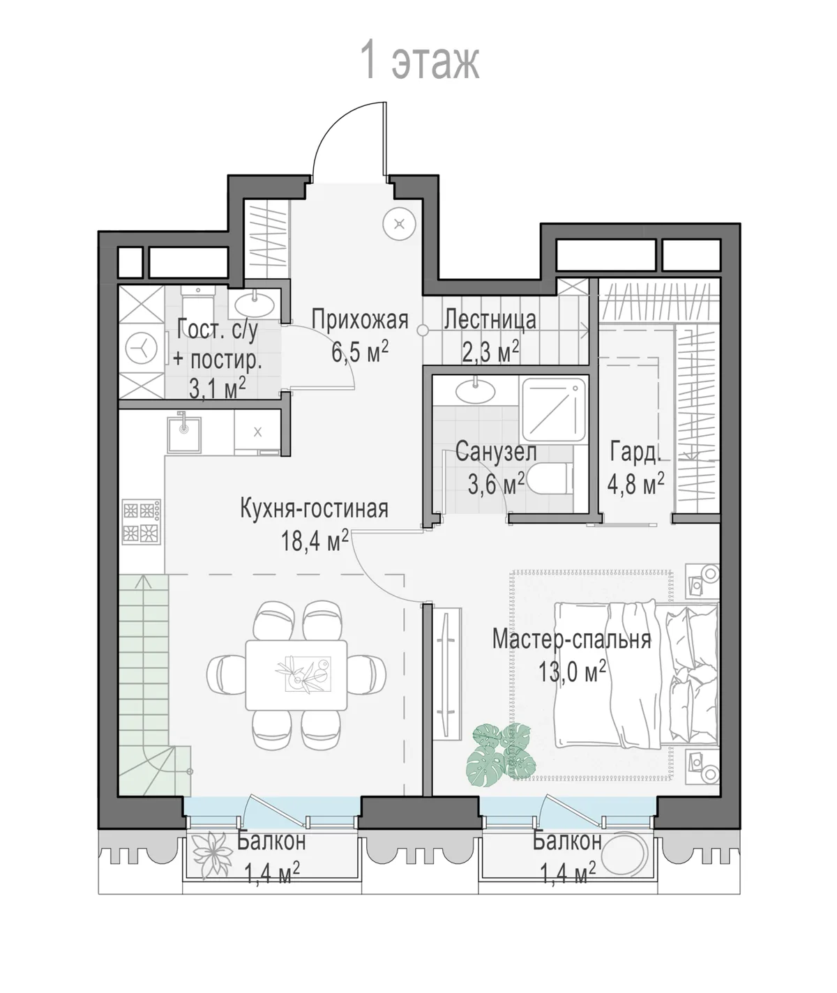 2-комнатная квартира 52 м² в ЖК «Тишинский бульвар» — планировки 4