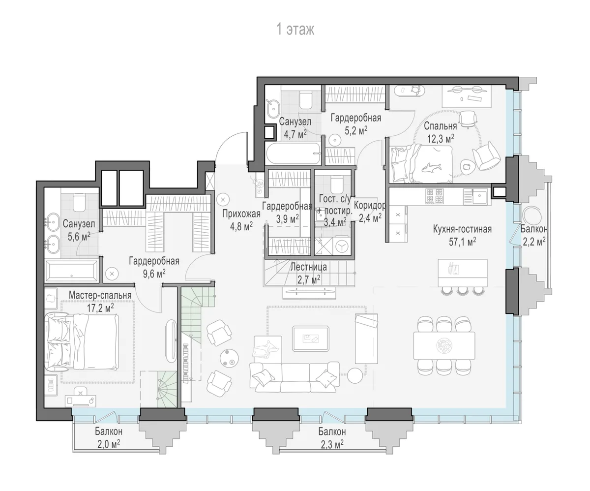 2-комнатная квартира 130,8 м² в ЖК «Тишинский бульвар» — планировки 2
