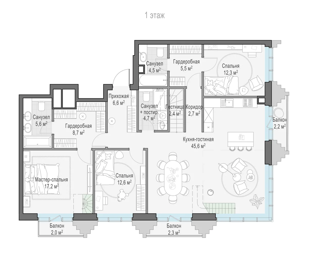 2-комнатная квартира 130,8 м² в ЖК «Тишинский бульвар» — планировки 6