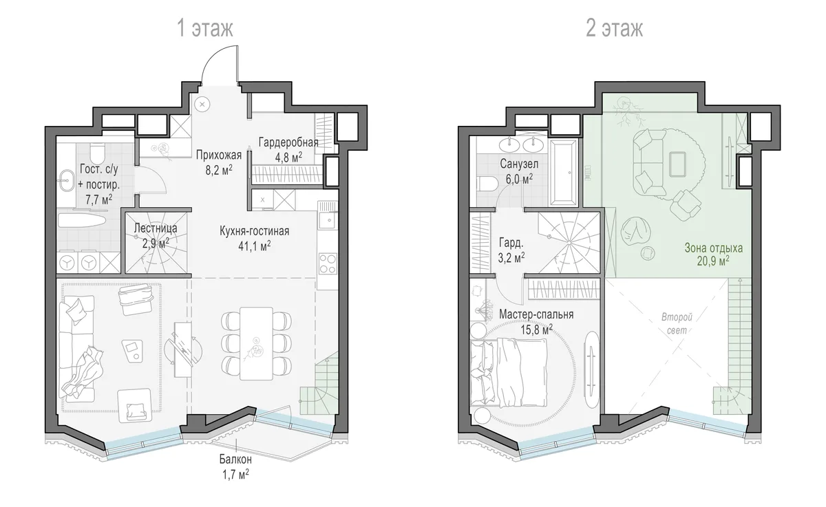 2-комнатная квартира 64,5 м² в ЖК «Тишинский бульвар» — планировки 1