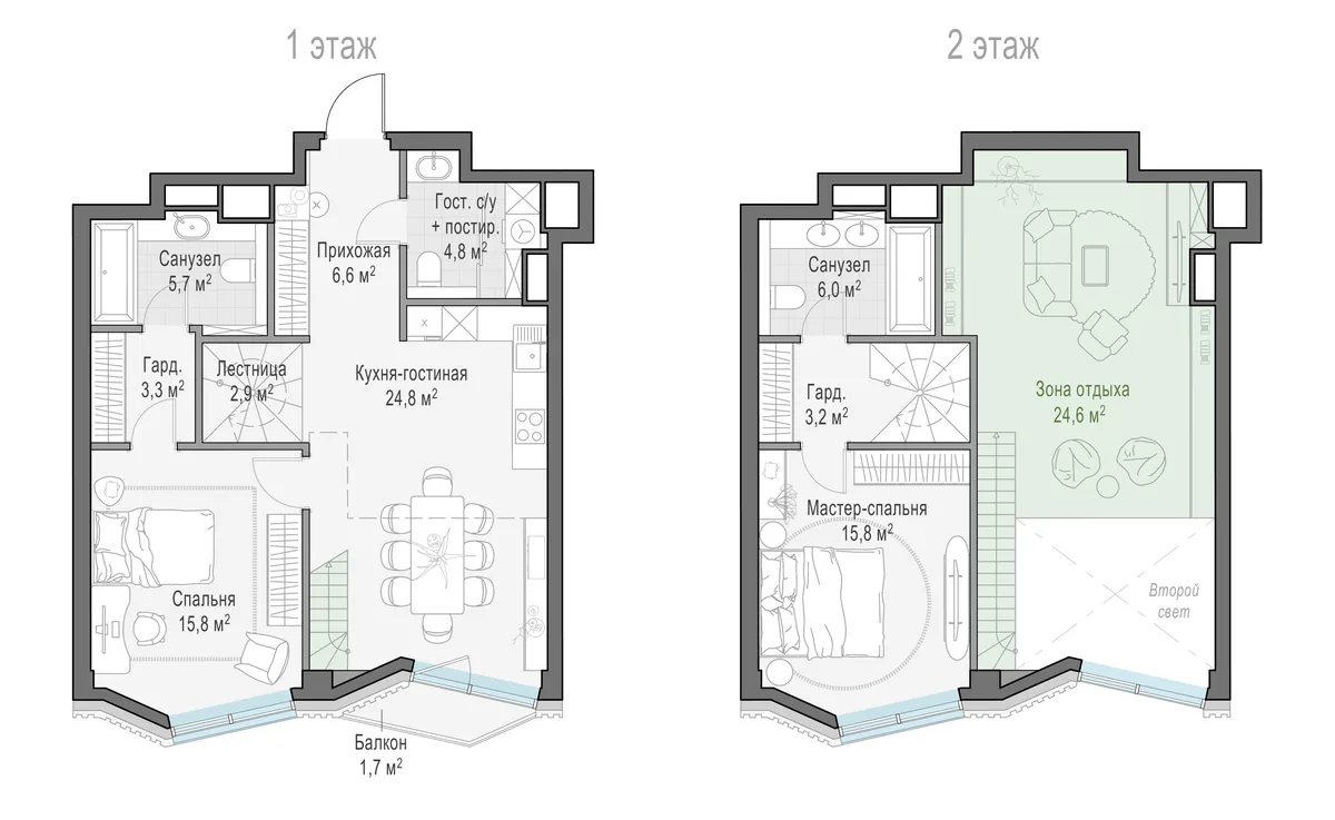 2-комнатная квартира 64,5 м² в ЖК «Тишинский бульвар» — планировки 3