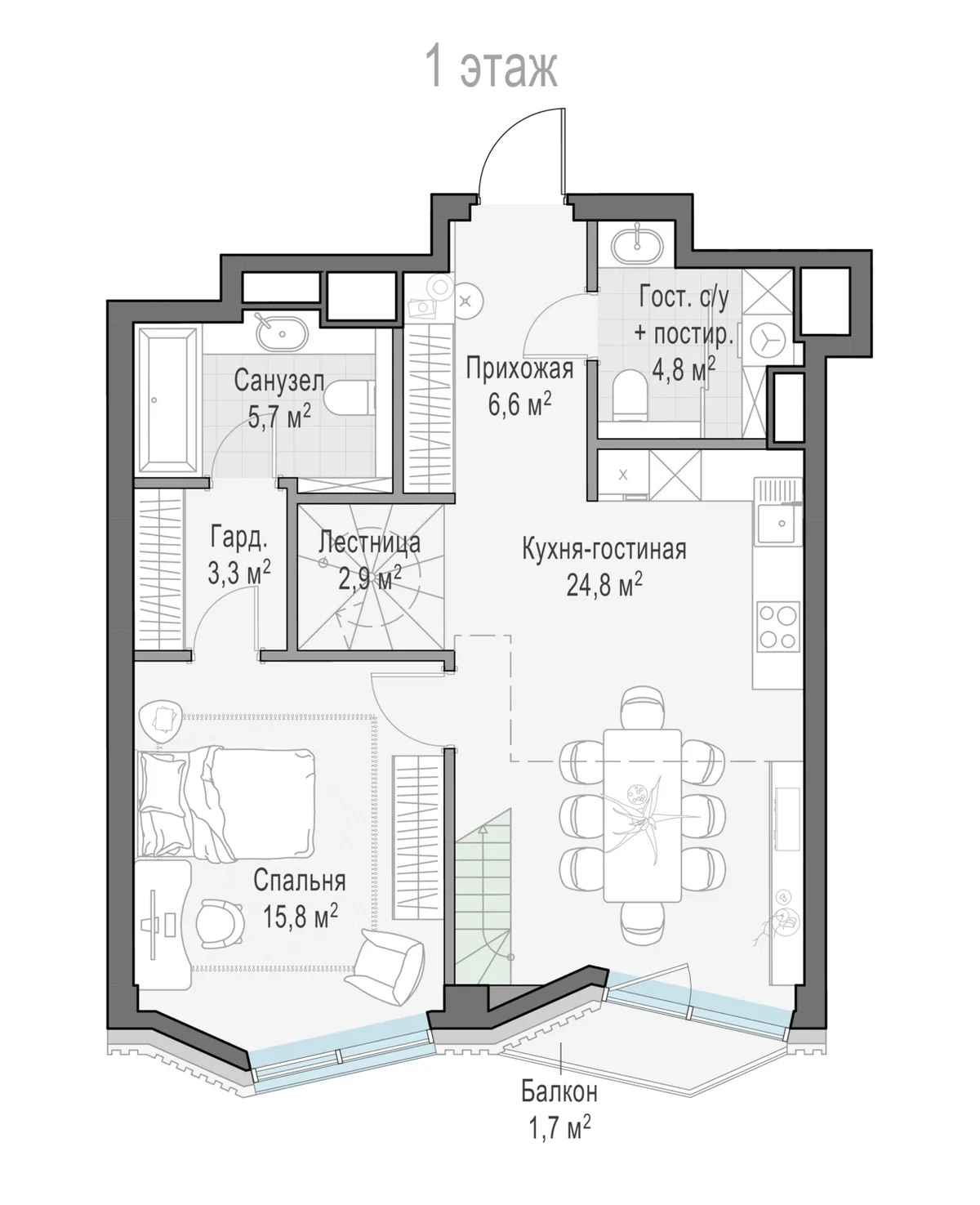2-комнатная квартира 64,5 м² в ЖК «Тишинский бульвар» — планировки 7