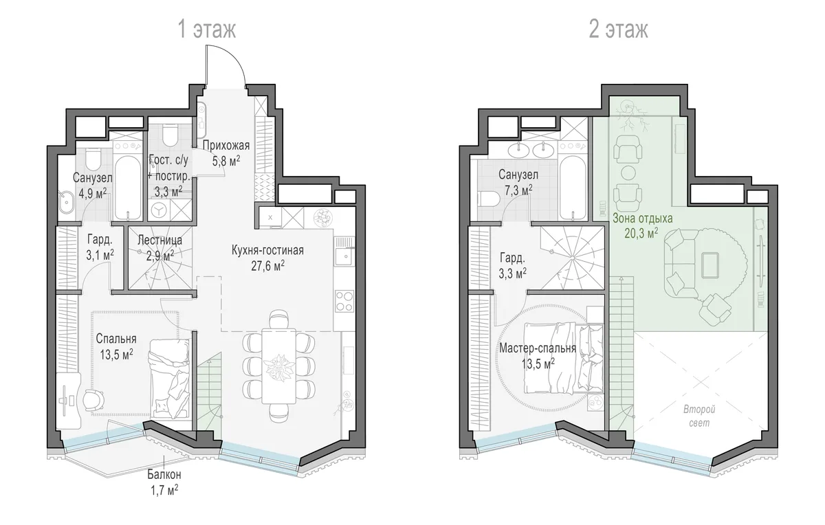 2-комнатная квартира 60,7 м² в ЖК «Тишинский бульвар» — планировки 1