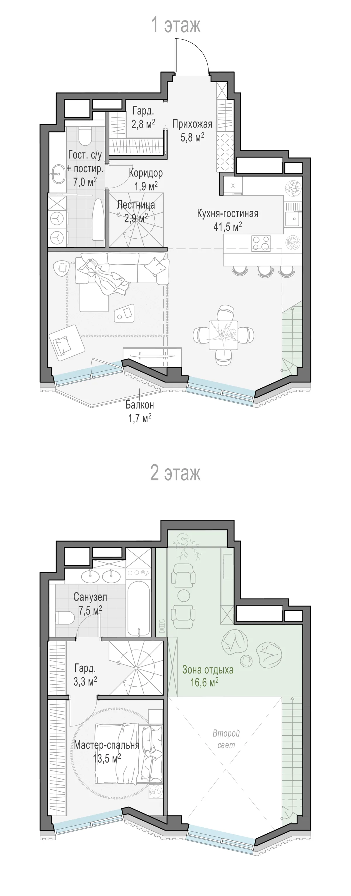 2-комнатная квартира 60,7 м² в ЖК «Тишинский бульвар» — планировки 2