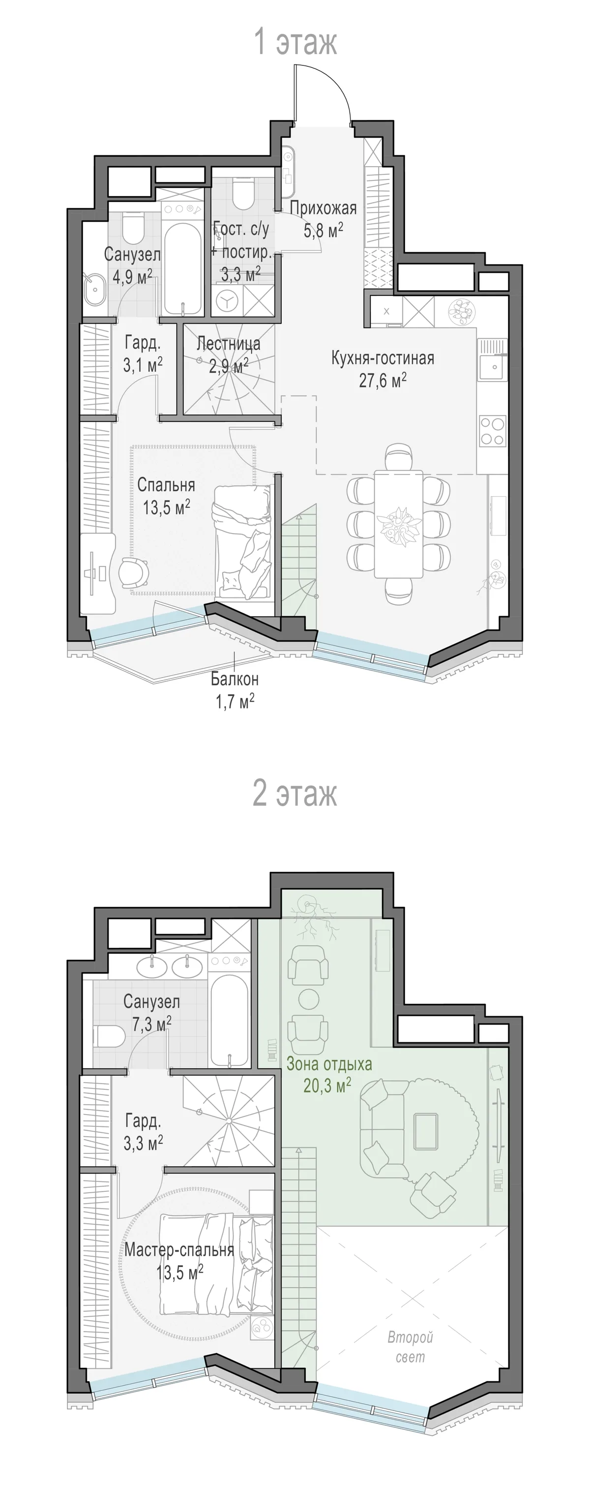2-комнатная квартира 60,7 м² в ЖК «Тишинский бульвар» — планировки 3